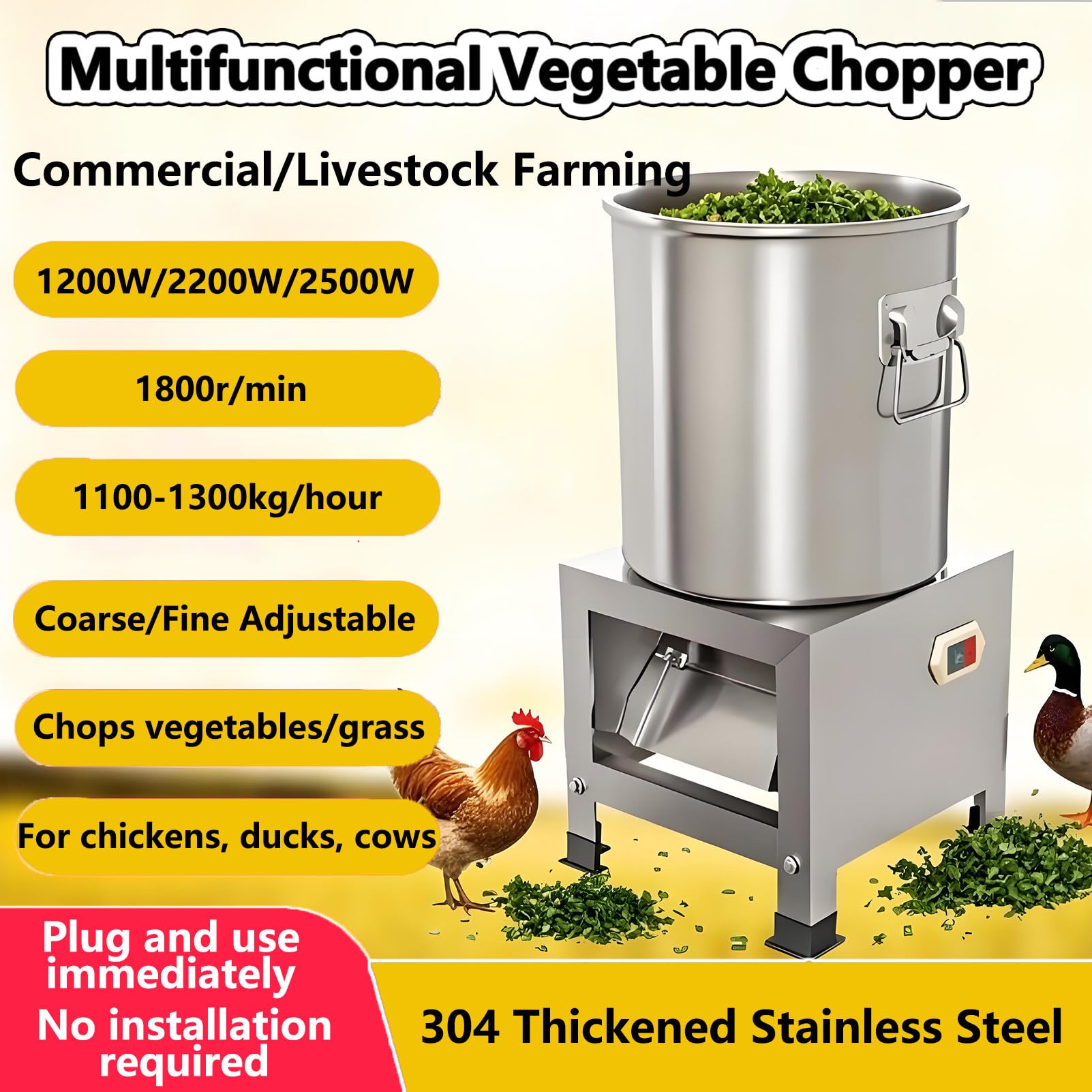 Cortadora Eléctrica Comercial de Verduras, Picadora y Trituradora Multiusos para Forraje de Aves y Ganado, 1800 RPM, para Procesamiento de Alimento para Aves 1200W