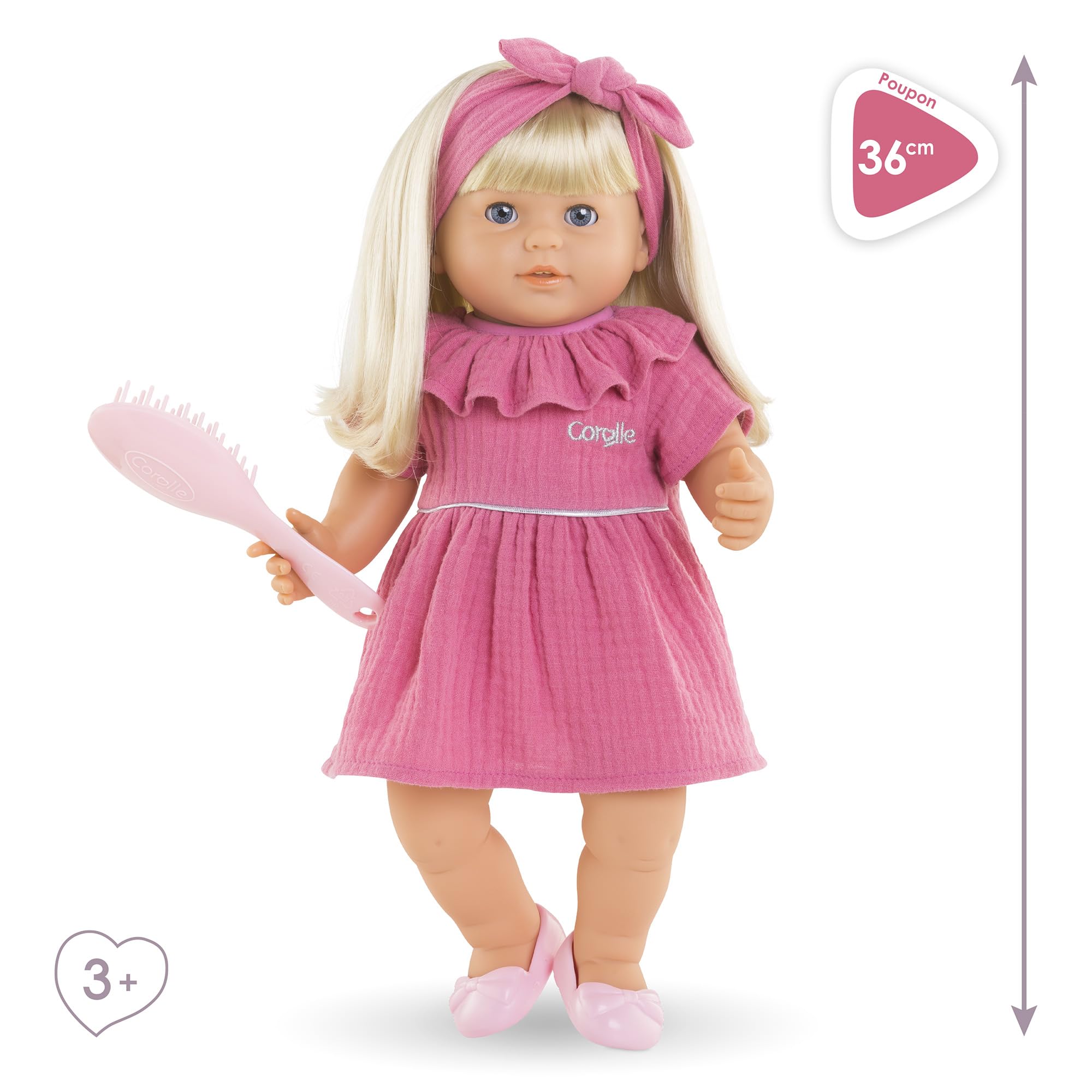Corolle - Bambola Jade, 9000130460, +3 anni, lunghi capelli biondi da spazzolare, misura 36 cm, abito e fascetta coordinati rosa