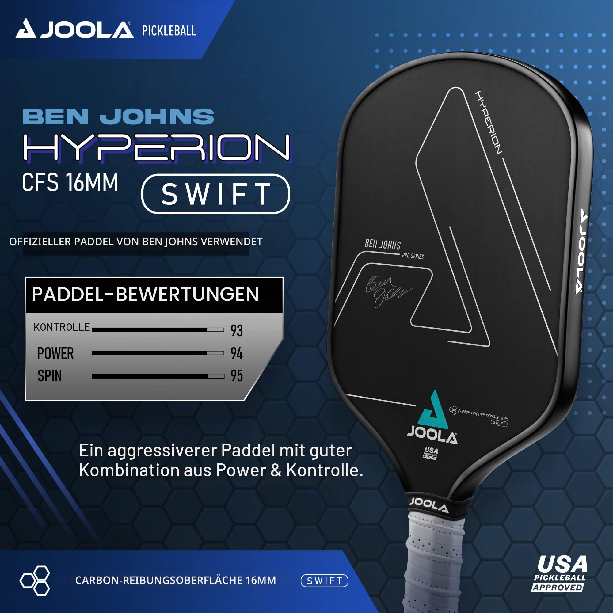 JOOLA Ben Johns Hyperion CFS 16 mm Swift Pickleball Paddel – USAPA zugelassen für Turnierspiele – Carbonfaser Pickle Ball Schläger – maximale Geschwindigkeit mit hoher Körnung und Spin