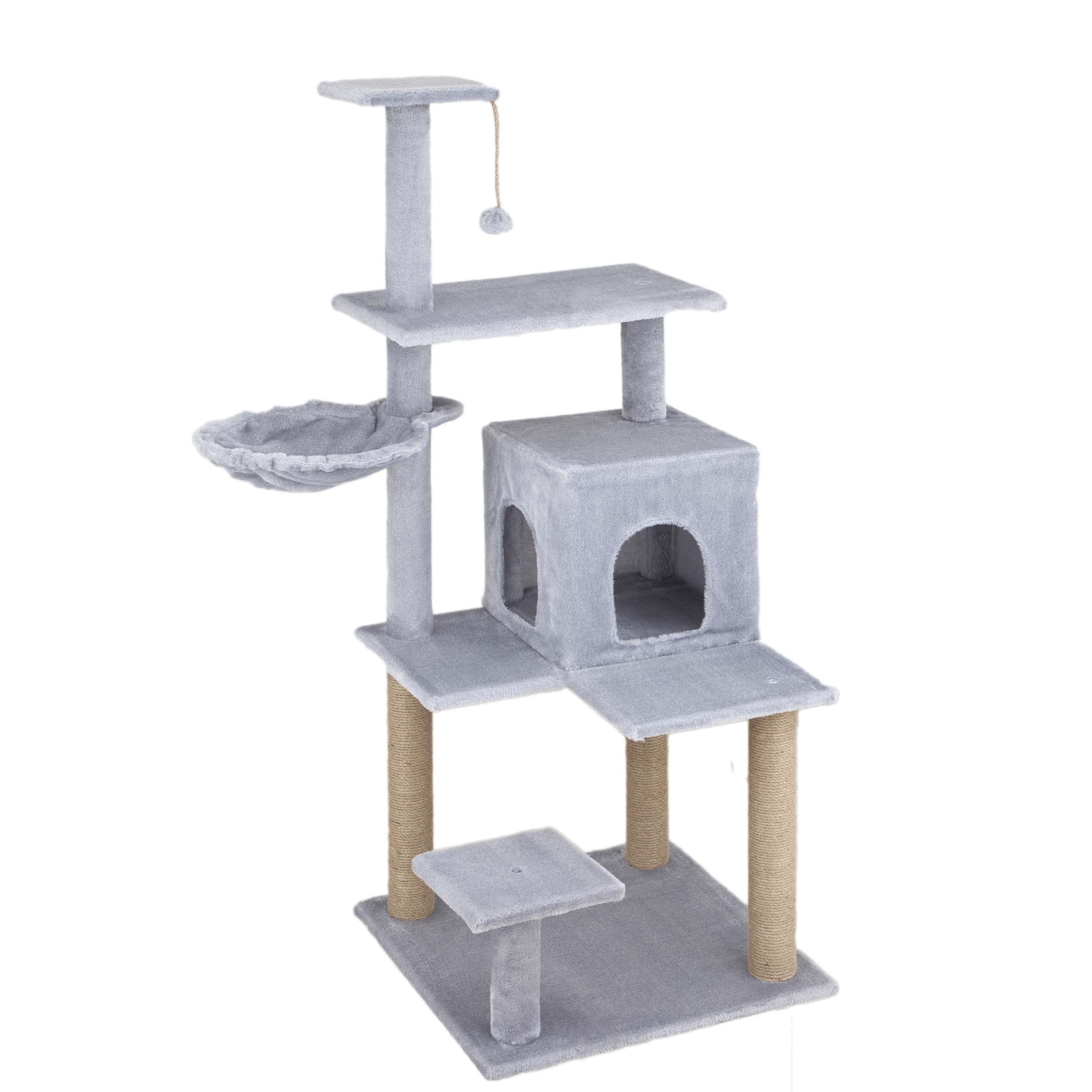 Baroni Home Tiragraffi ad Albero per Gatti, Tiragraffi per Gatti e Gattini, 4 Piani con Palla, Amaca e Cuccia Rettangolare, 45x45x122 cm, Grigio