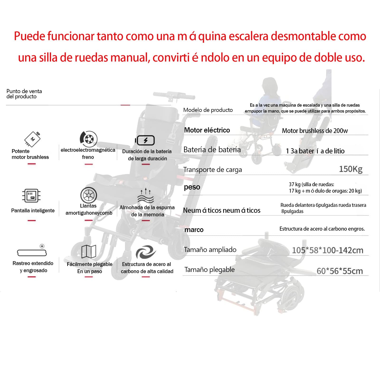 Silla de Ruedas para Subir Escaleras, Silla de Ruedas Eléctrica Plegable Ligera, Adecuada para Personas Mayores con Discapacidad, con Una Carga de 330 Libras, Ayudas Móviles y de Vida Diaria (Negro)