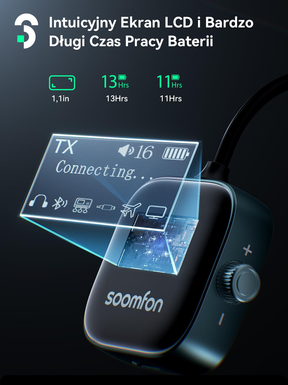 SOOMFON Odbiornik nadajnika Bluetooth 5.3 z gniazdem 3,5 mm z ekranem LCD, podwójne parowanie, adapter Bluetooth AUX 13H, bezprzewodowy nadajnik audio 2 w 1, do samolotu, telewizora, słuchawek