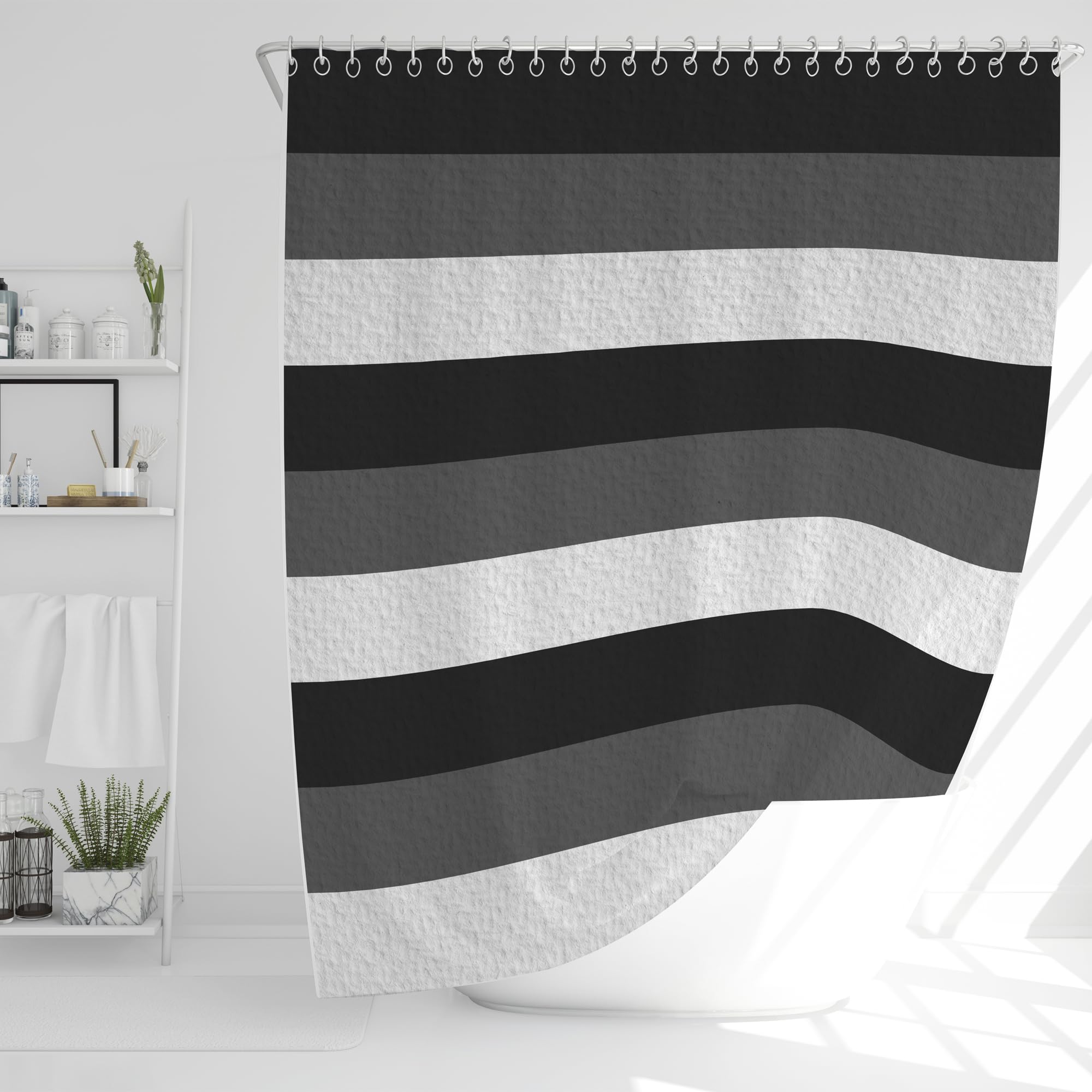 JJ PRIME - Bathroom Shower Curtains Mould Proof Resistant 180x180cm | Large Waterproof Grey and White Shower Curtain | Wet Room Multi Stripes Long Grey Shower Curtain (Grey White Stripes)
