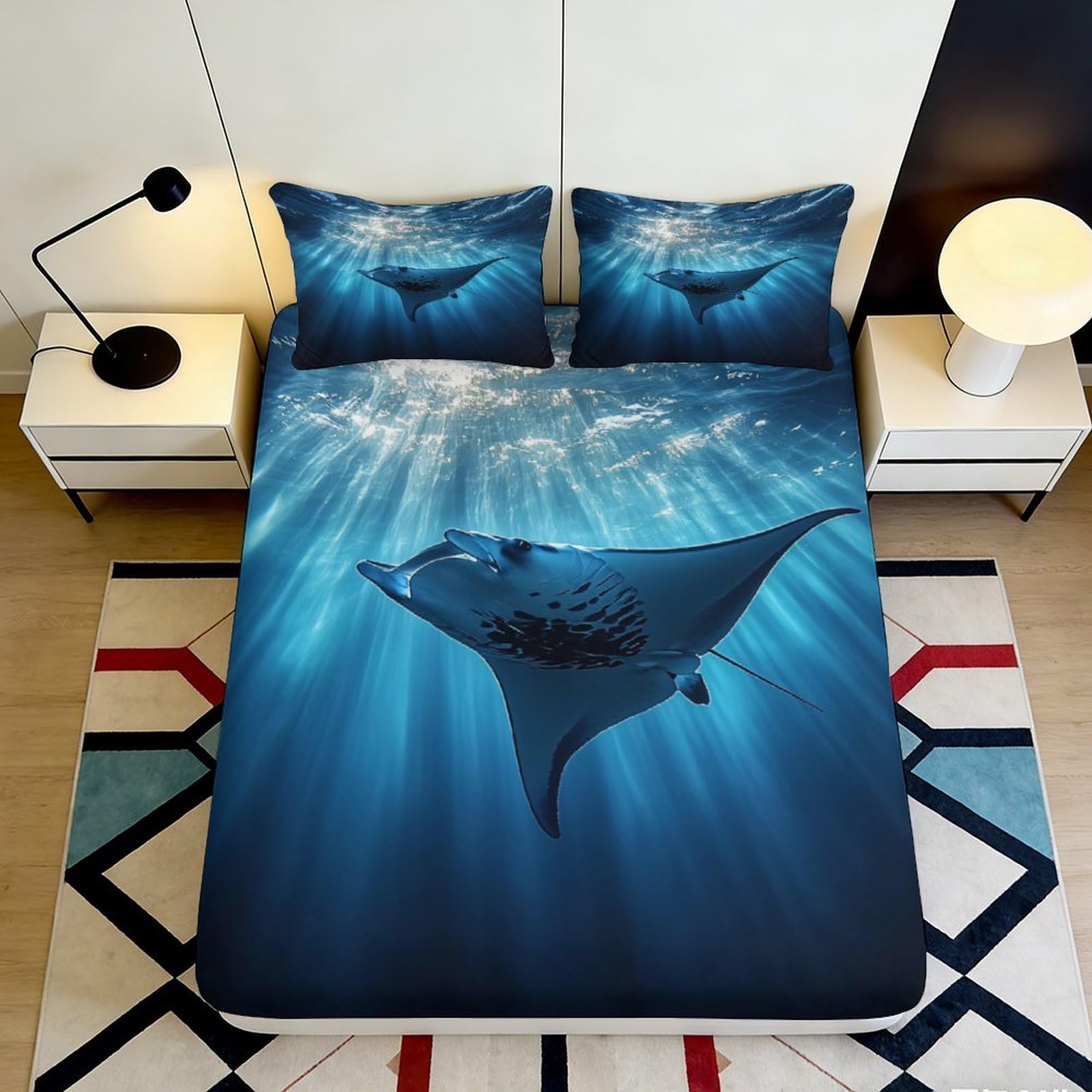 3D Printed Ocean Manta Ray Fitted Sheet Microfiber Deep Blue Sea Bed Cover Non Slip Washable for Bedroom Decor 90x200x25cm