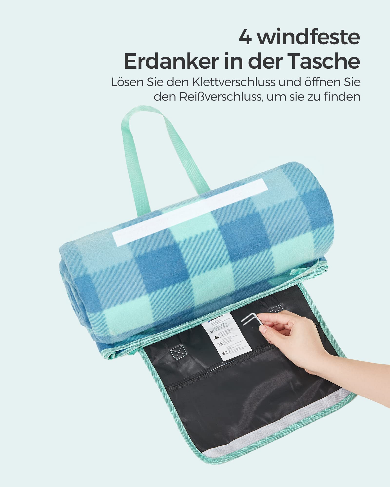 SONGMICS Picknickdecke, 200 x 200 cm, mit 4 Erdankern, groß, Campingdecke, für Park, Garten, Strand, wasserdicht, faltbar, grün-blau GCM011Q02