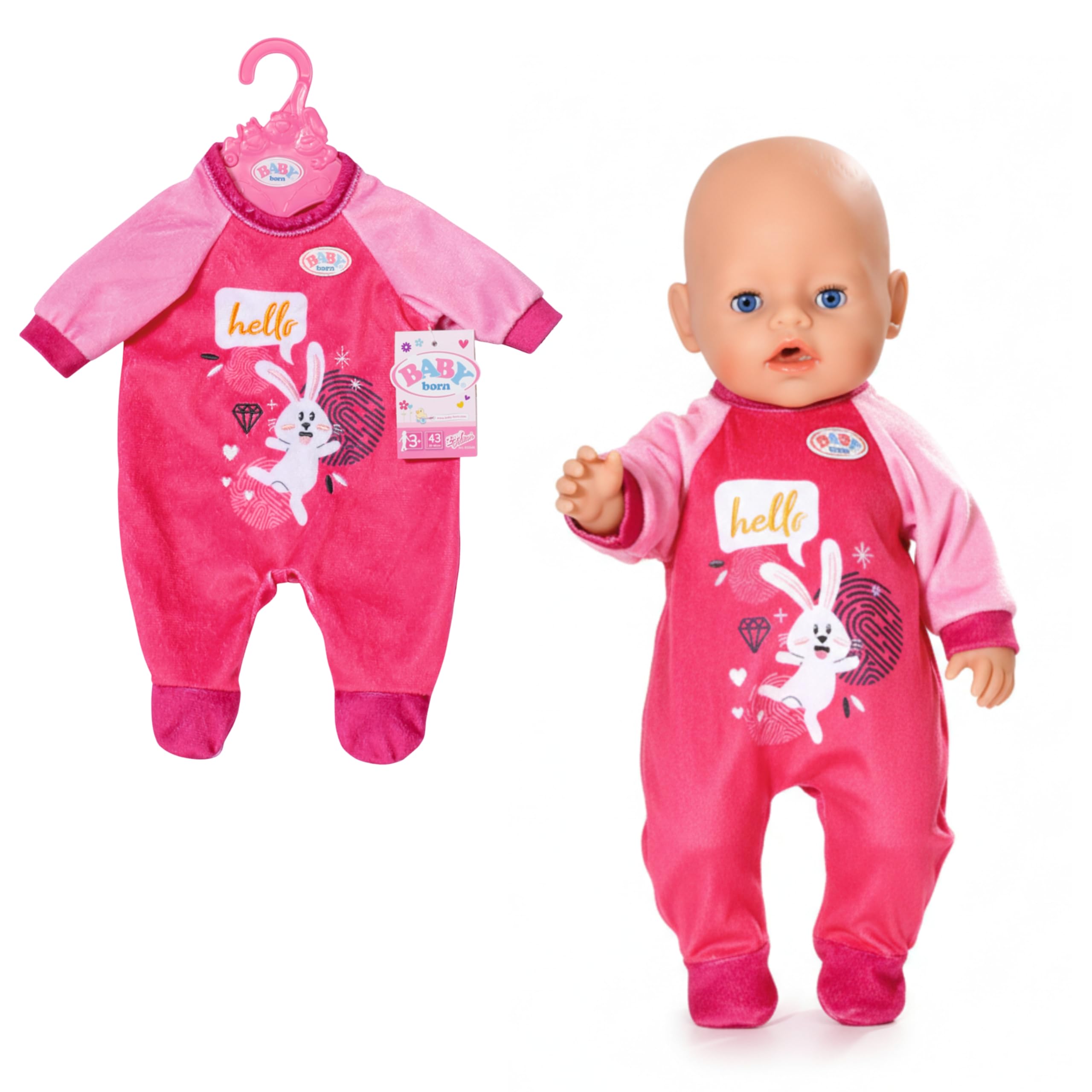 BABY born Strampler im pinken Hasen-Design - Inkl. Puppenkleiderbügel - Hochwertige Puppenbekleidung - Puppenzubehör für alle Puppen der Größe 43 cm