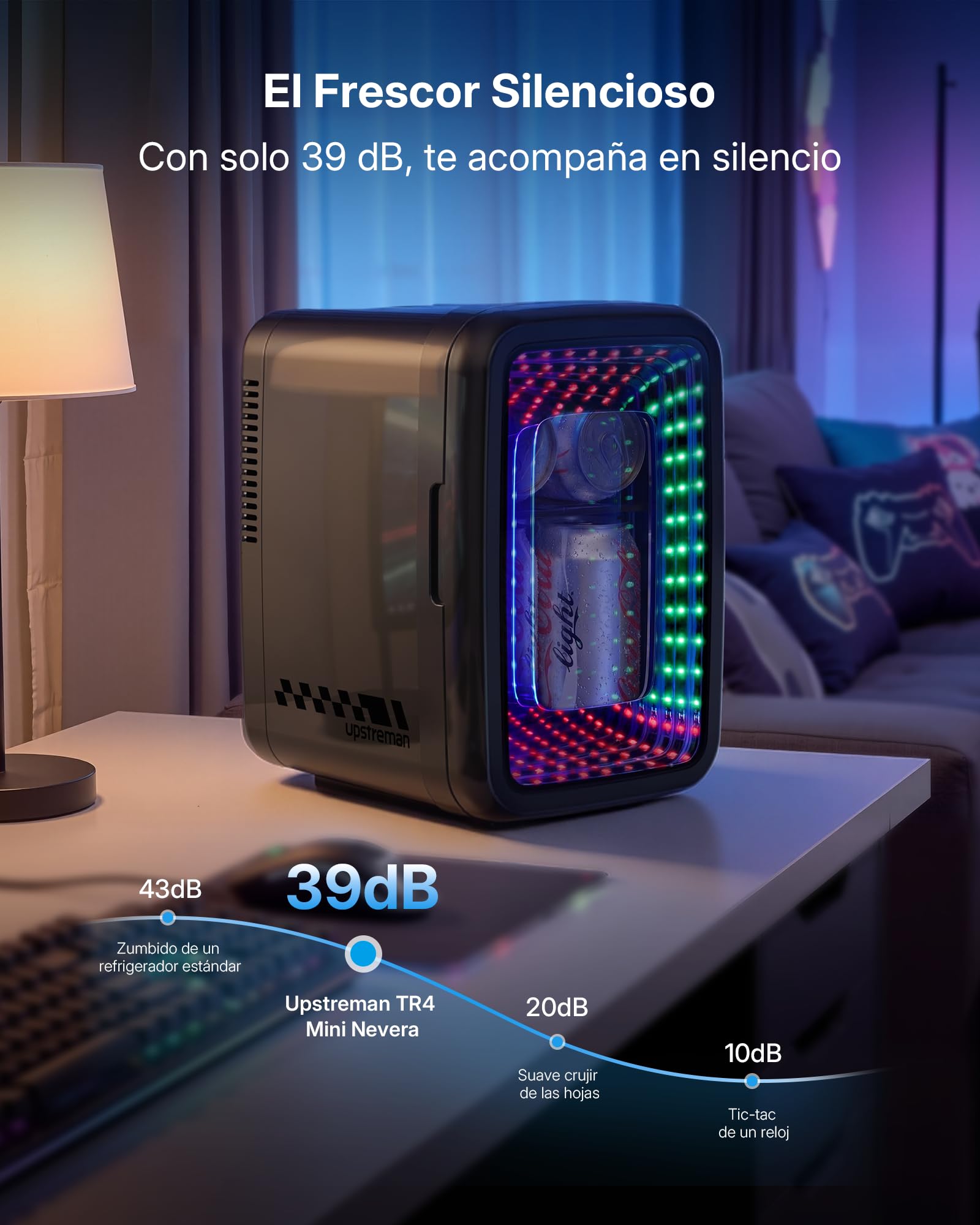 Upstreman Mini Nevera 4L/6 Latas con LED, TR4-S | Efecto Túnel LED Infinito, 12V/220V, Portatil, Para Habitacion, Gaming, Dormitorios Compartidos, Oficina, Coche