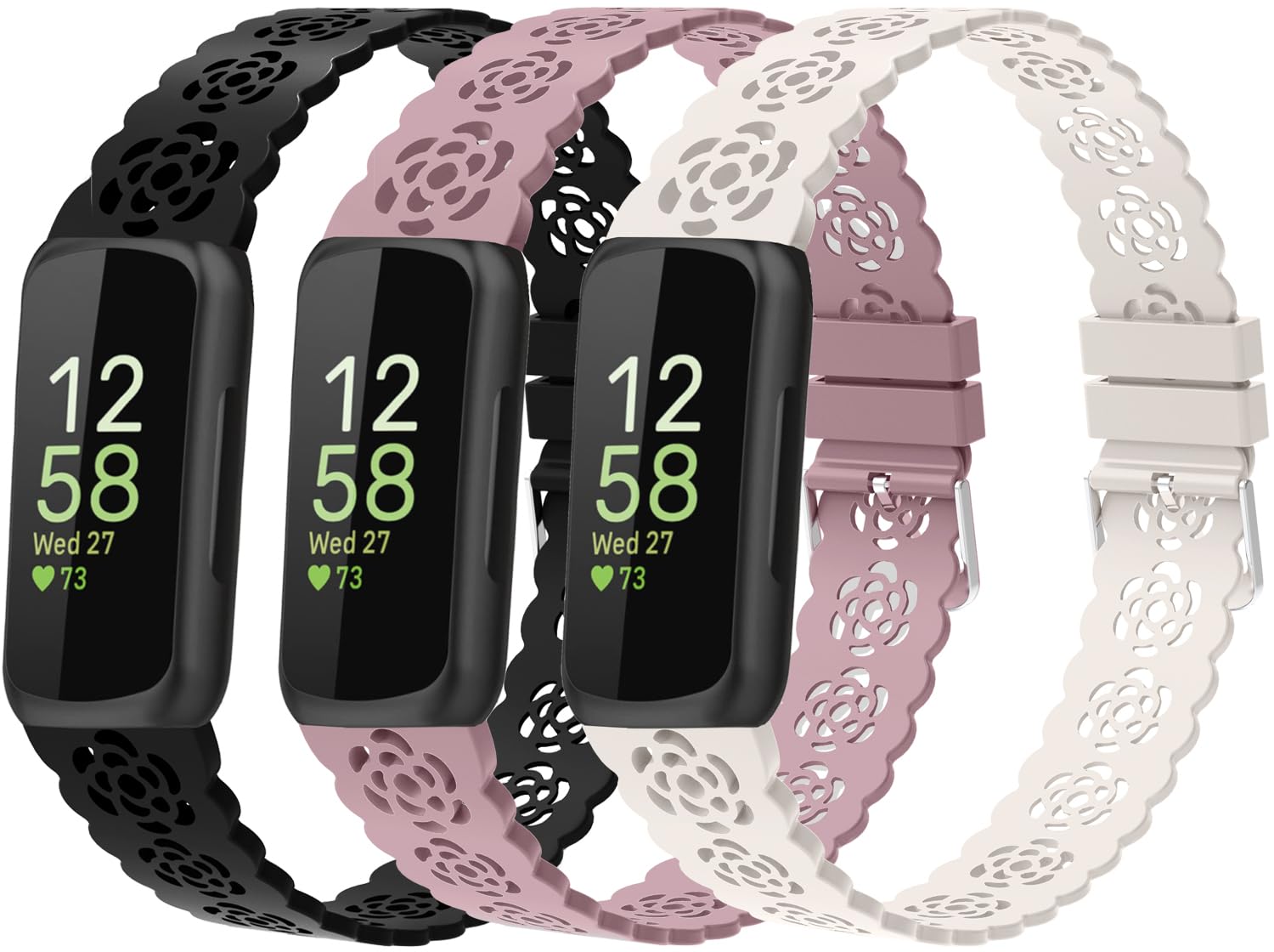 Nigaee 3 Pack Lace Silicone Bands Compatible with Fitbit Inspire 3/2/HR, Adjustable Breathable Replacement Straps Soft Slim Silicone Wristbands for Women & Men
