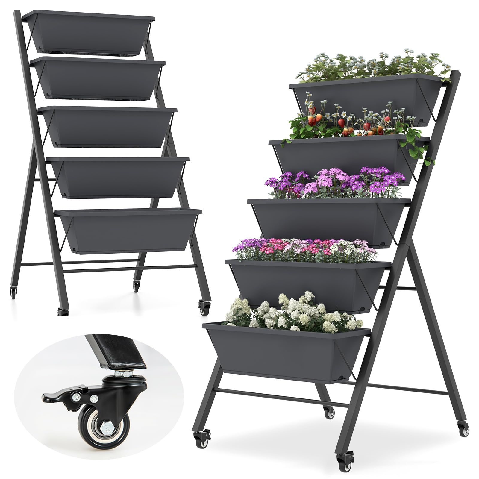 RELAX4LIFE Jardinière Verticale Surélevée avec Roues Verrouillables, Potager sur Pied Urbain à 5 Niveaux en Fer avec Trous de Drainage pour Fleurs Herbes Légumes Terrasse, Balcon (Noir, 50x19x117CM)