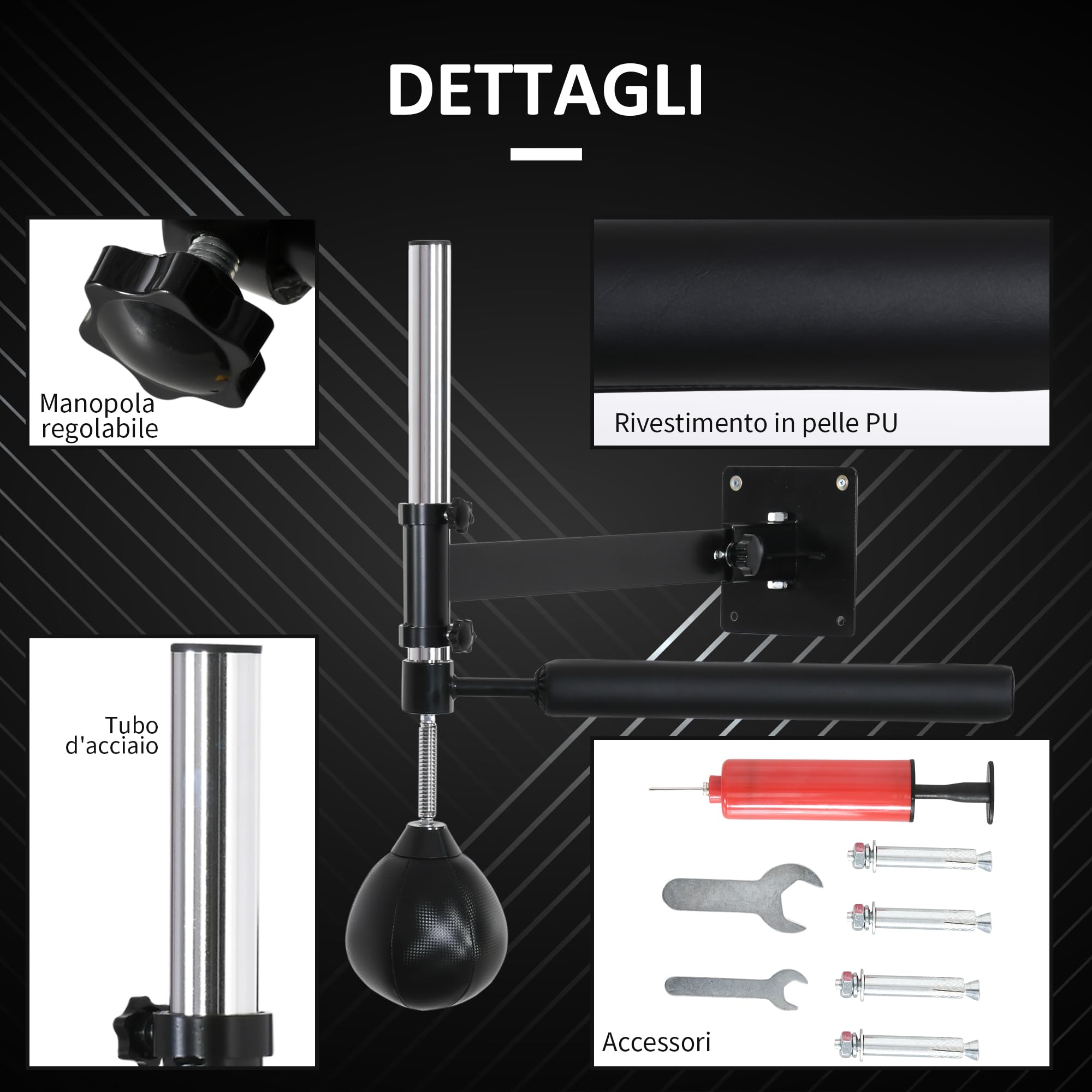 HOMCOM Speed Bag a Parete per Boxe e MMA ad Altezza Regolabile con Asta, Pera Veloce Boxe in Acciaio e PU, per Casa, Palestra, Allenamento, 79x72x20 cm