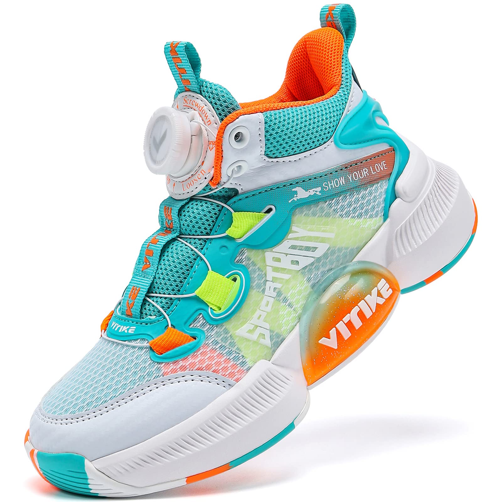 JMFCHI SPORTS Kids Shoes Boys Sneakers Girls Sports Shoe Breathable Lightweight Basketball Sneaker White Cyan Blue Big Kid Size 7