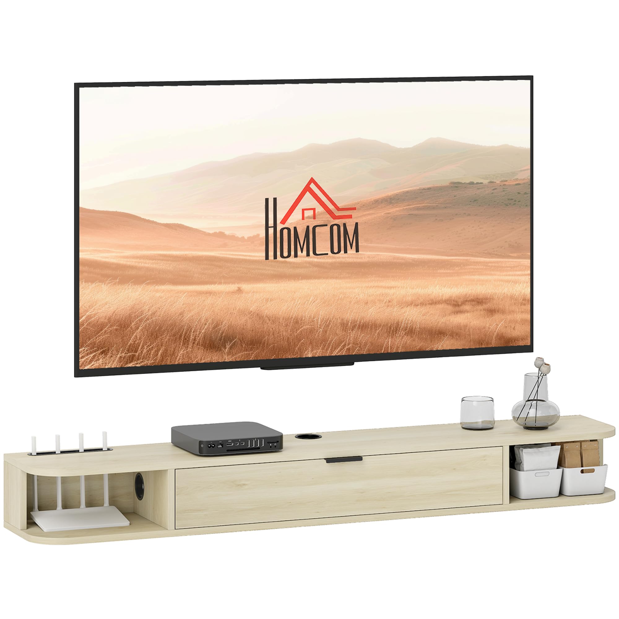 HOMCOM Mueble de TV Suspendido, Mueble de TV para Salón con Cajón Abatible, 2 Estantes Abiertos, Gestión de Cables, Estilo Moderno, para Televisión 60 Pulgadas, 140x24x16 cm, Madera Natural