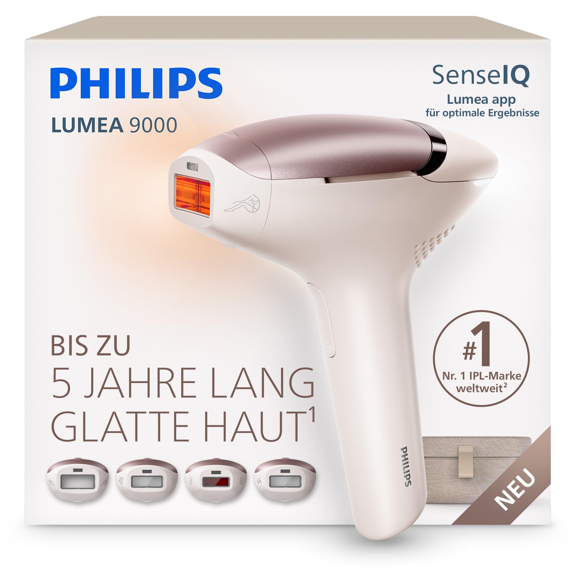 Philips Lumea 9000 IPL-Haarentfernungsgerät - Statt Laser-Behandlung im Salon, Anwendung zu Hause, Sicherheit nach medizinischen Standards, 4 Aufsätze: Körper, Gesicht, Bikinizone, Achseln, BRI981/00
