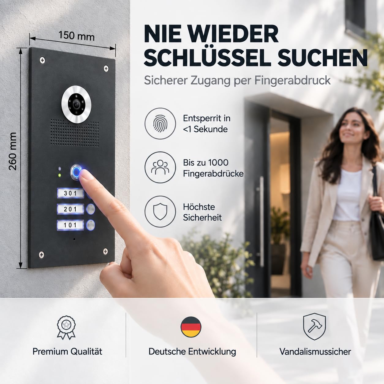 MATHFEL 3 Familienhaus 2 Draht Video Fingerprint Türsprechanlage Gegensprechanlage Fischaugenkamera 170 Grad Anthrazit