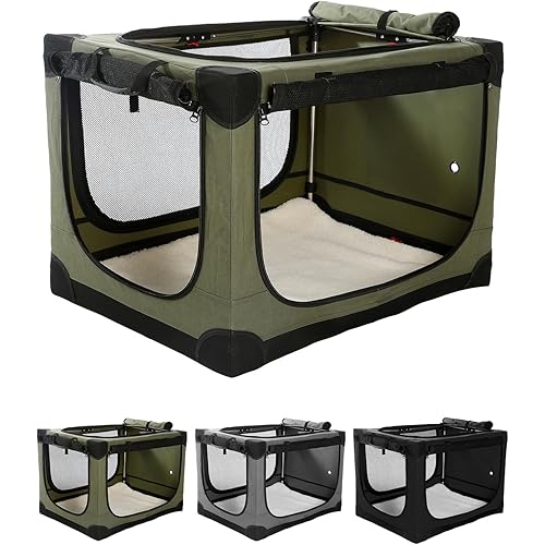 33 Inch Collapsible Travel Dog Crate for Medium Large Dogs, Portable Dog Crate 4-Door Foldable Soft Kennel with Durable Mesh Windows for Indoor & Outdoor Travel, with Storage Bag,Green
