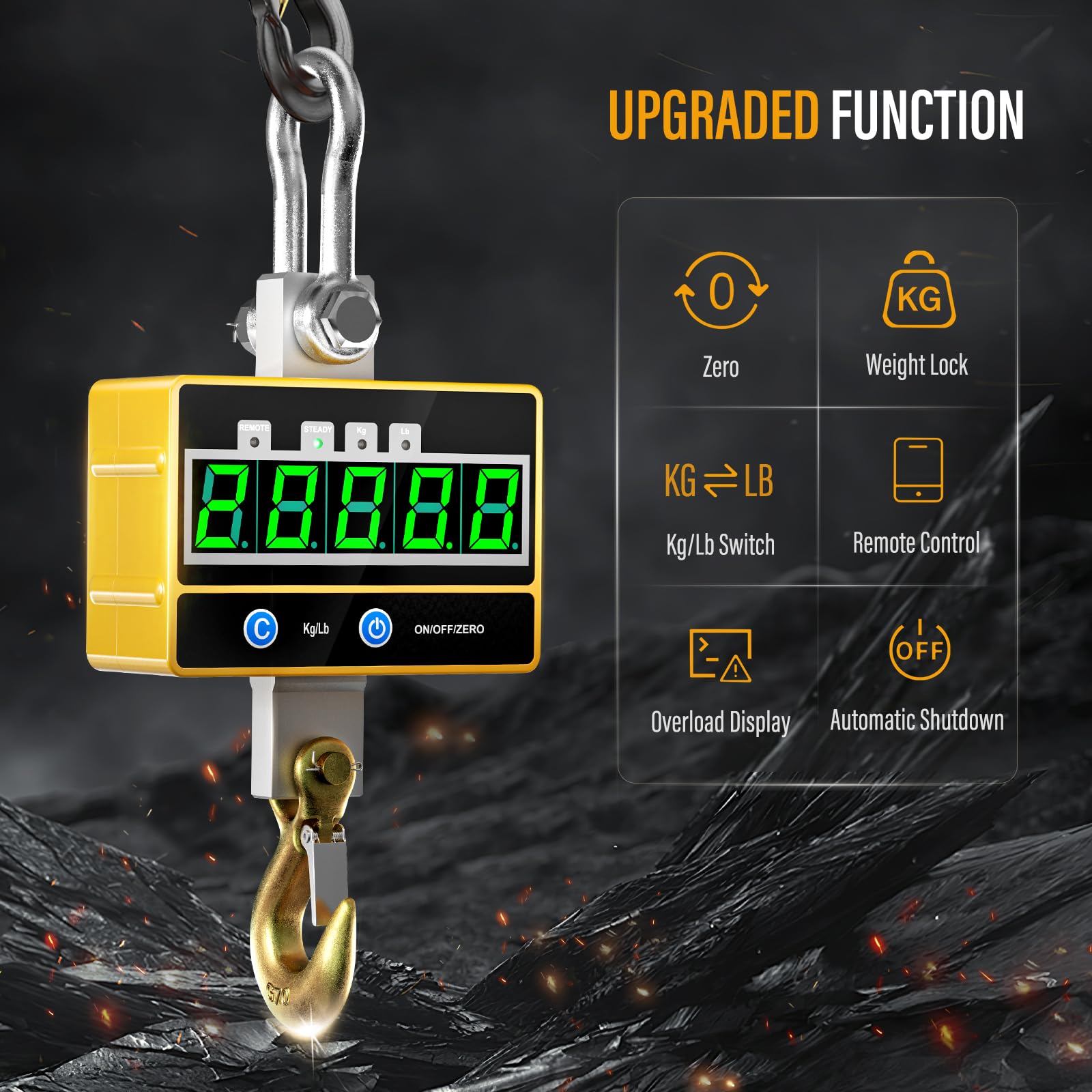 Báscula de Grúa 2T, Crane Scale Pantalla LED Báscula Colgante Industrial de Alta Precisión con Control Remoto para Maquinaria Industrial de Precisión Ganadera