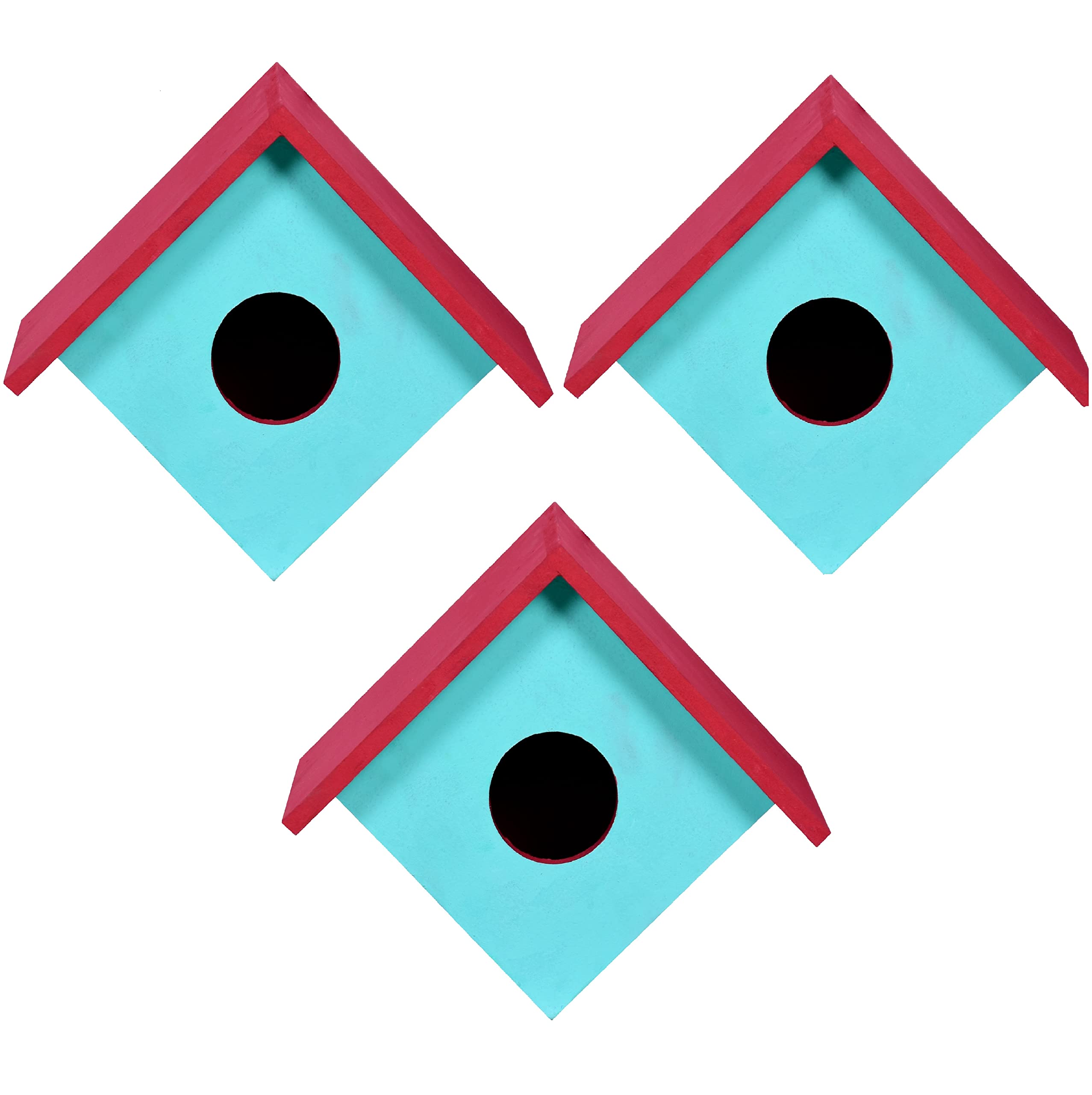 Sanmark Bird House Combo Nest Box Breeding House for Small Birds Sparrow, Finches Handmade Bird Friendly Wooden Hanging for Home Decor & Garden (Sky Blue/Red - 21 x 14 x 18 cm.) (Pack of 3)