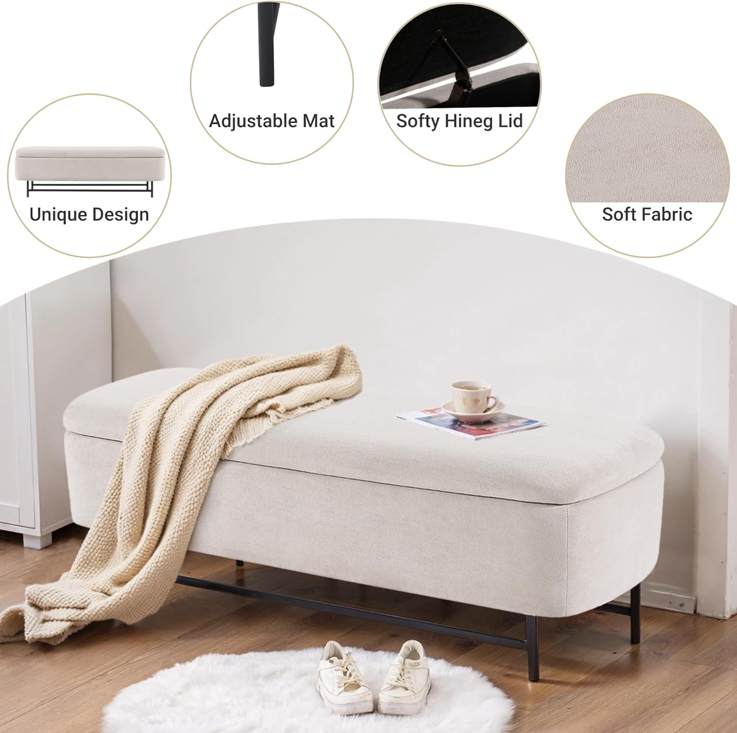 56" Boucle Storage Bench for Bedroom, Upholstered Teddy Ottoman Bench, Modern Extra Long Storage Bench for End of Bed/Entryway/Livingroom/Window (TAN)