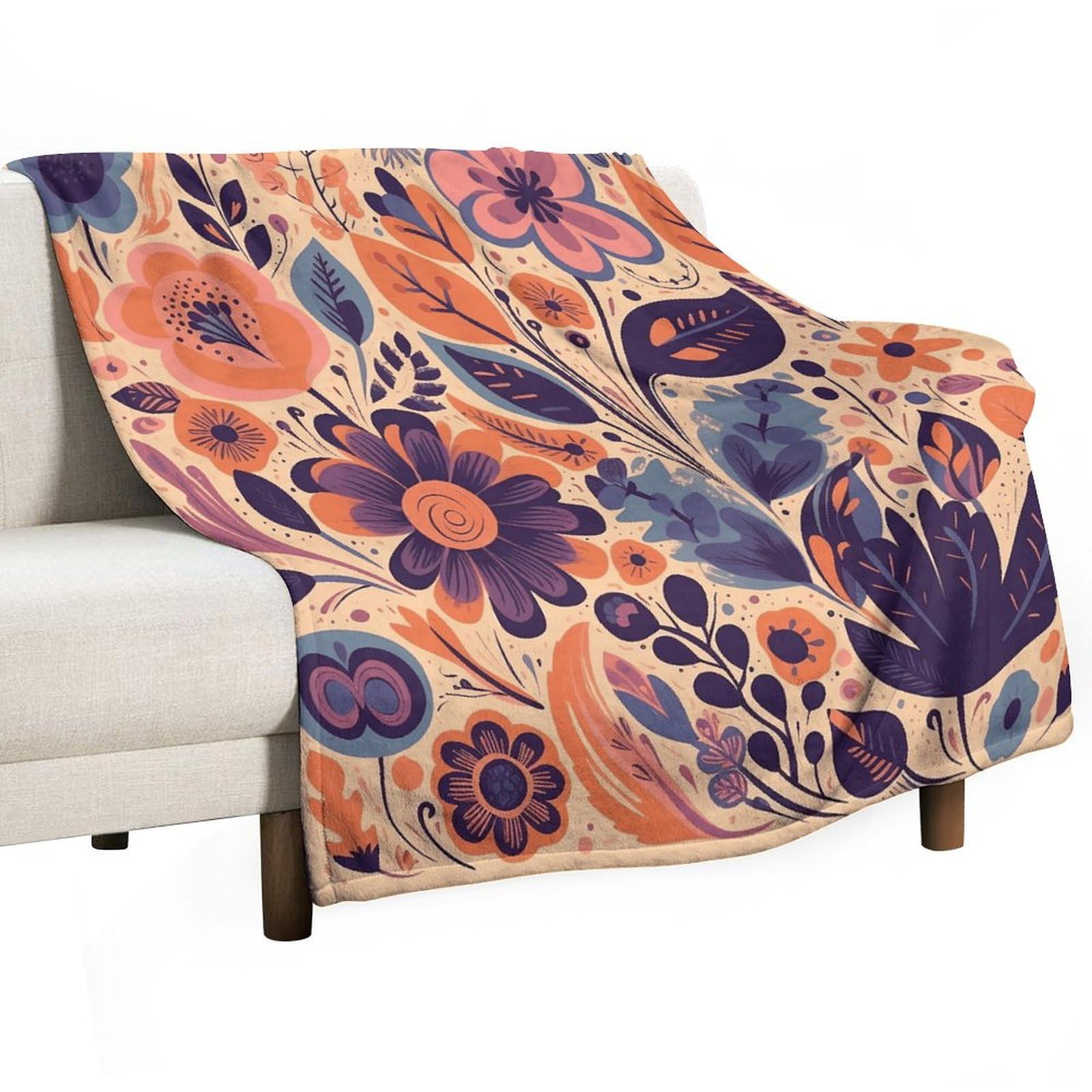 Couverture flanelle imprimé fleurs oranges violettes lit