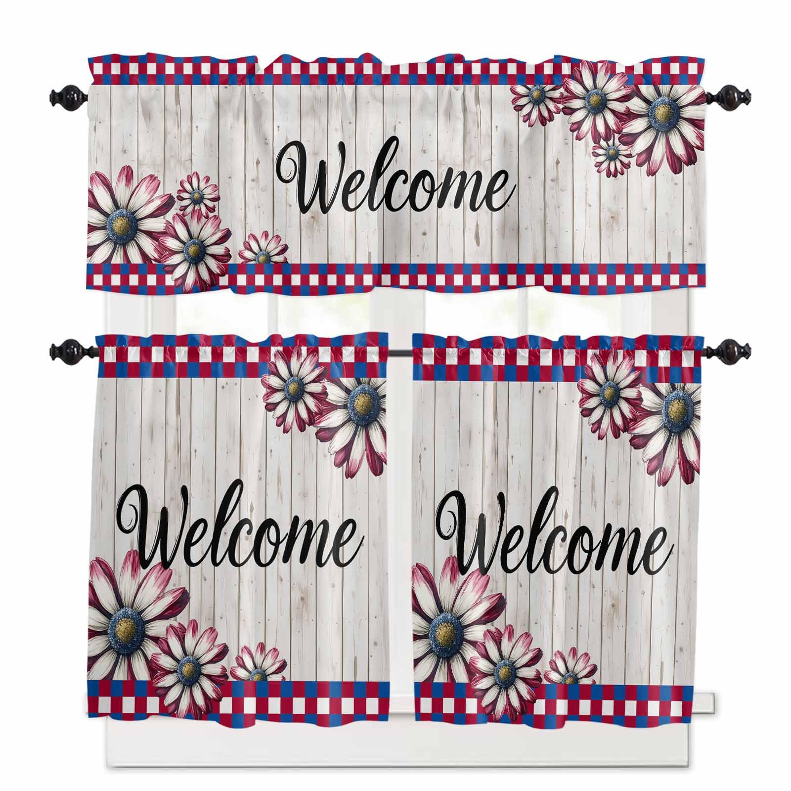 Red Blue Daisy Kitchen Curtains 36 Inch Length, 3 Piece Rod Pocket Small Half Tiers and Valance Set, Welcome Plaid Vintage 4th of July Small Large Window Treatment Decor for Bedroom/Bathroom Sink