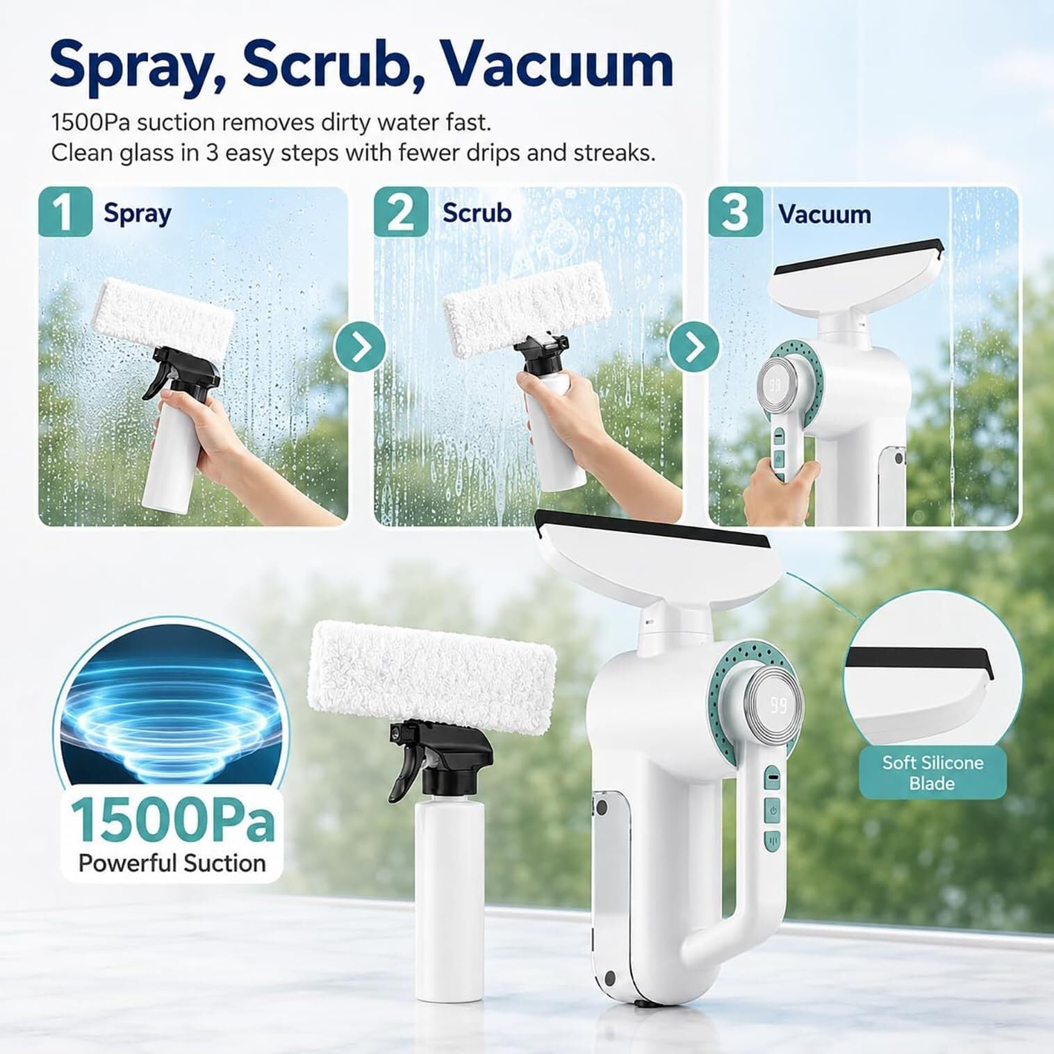 Limpiacristales Inalámbrico Aspirador 150ml | Succión 1500Pa, 3en1, batería 3000mAh, LED, 2 modos. Para azulejos, espejos y coche.(White)