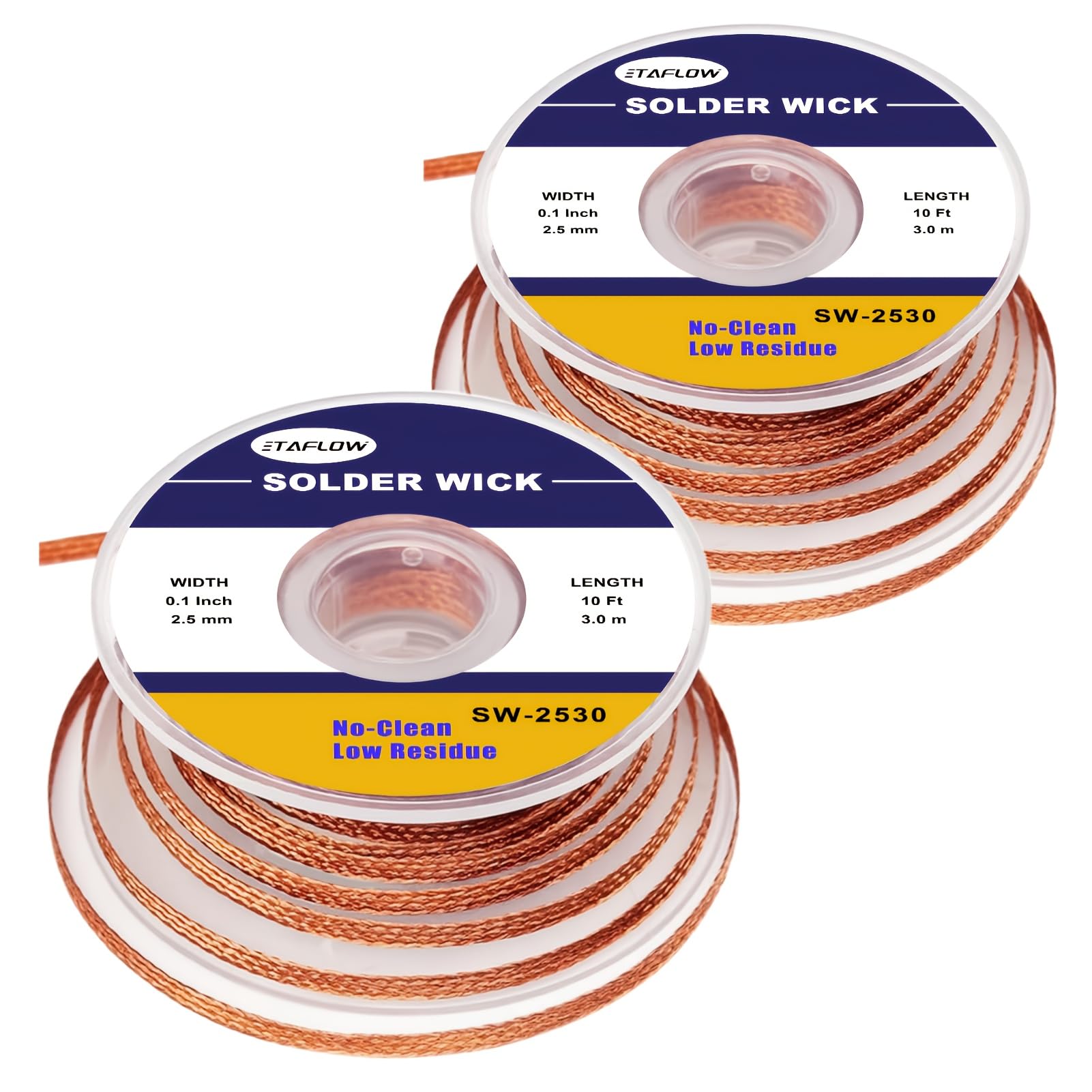 ETAFLOW 2PCS No-Clean Solder Wick Braid 10ft * 0.1Inch Width- Premium Desoldering Wick for Electronics Repair, PCB &amp; Circuit Boards | Low Residue, Fast Tin Absorption