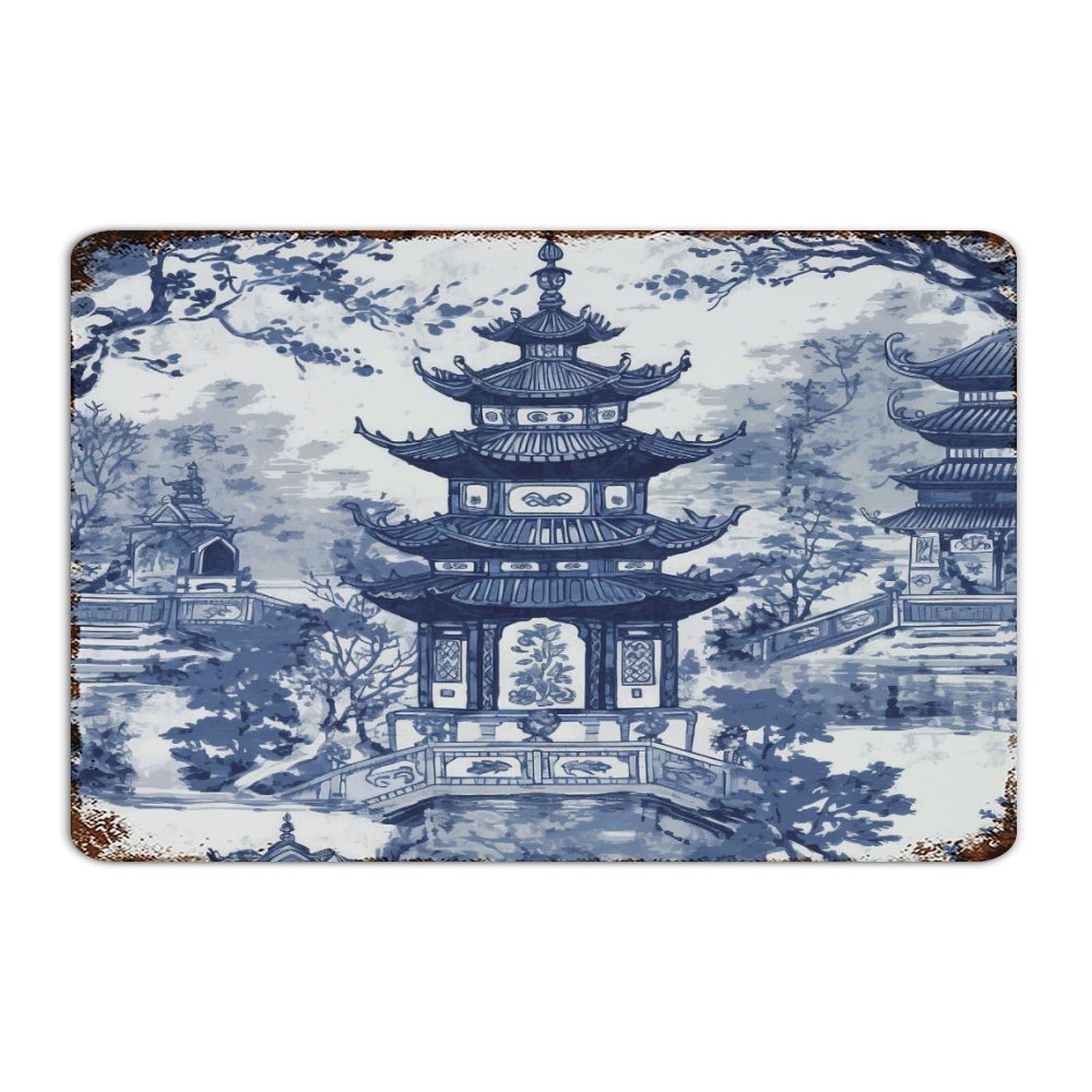 Plaque en métal Chinoiserie bleu et blanc pour décoration de maison