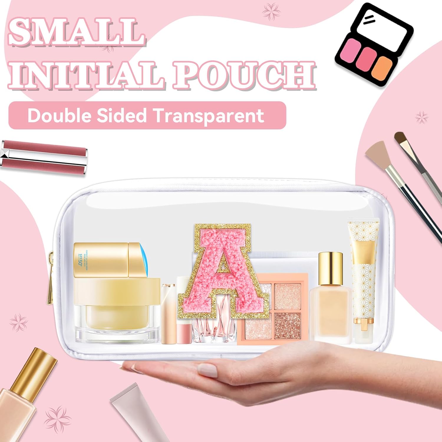 Small Clear Personalized Initial Makeup Bag,Nylon Preppy A-Z Chenille Letter Patch Cosmetic Pouch Beach Toiletry Bag,Waterproof Zipper Travel Purse Storage Bag Organizer for Women Girls(White-Pink A) - Image 7