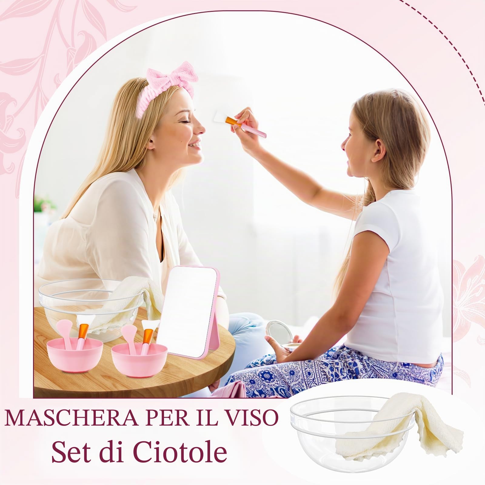 Set da 42 pezzi Spa Party Set per ragazze, spa con ciotole miste, specchietti per trucco, fasce per lavare, ciotole, pennelli per maschera, bacchette, accessori per feste (rosa)