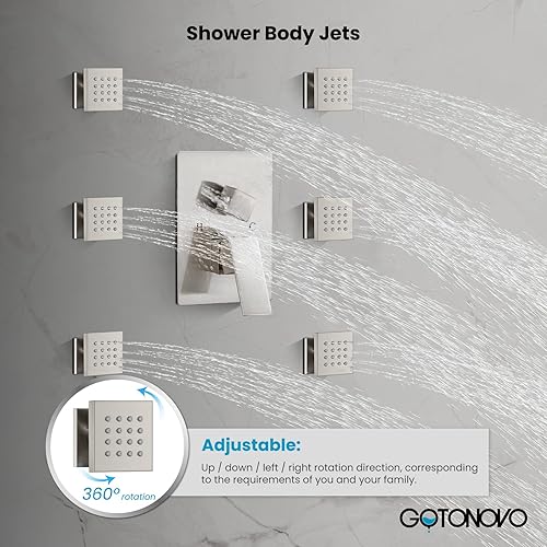 Miniatura 27 de gotonovo Juego de grifo de ducha mezclador de lluvia montado en el techo, color negro mate, cabezal de ducha cuadrado de 12 pulgadas con 6 chorros