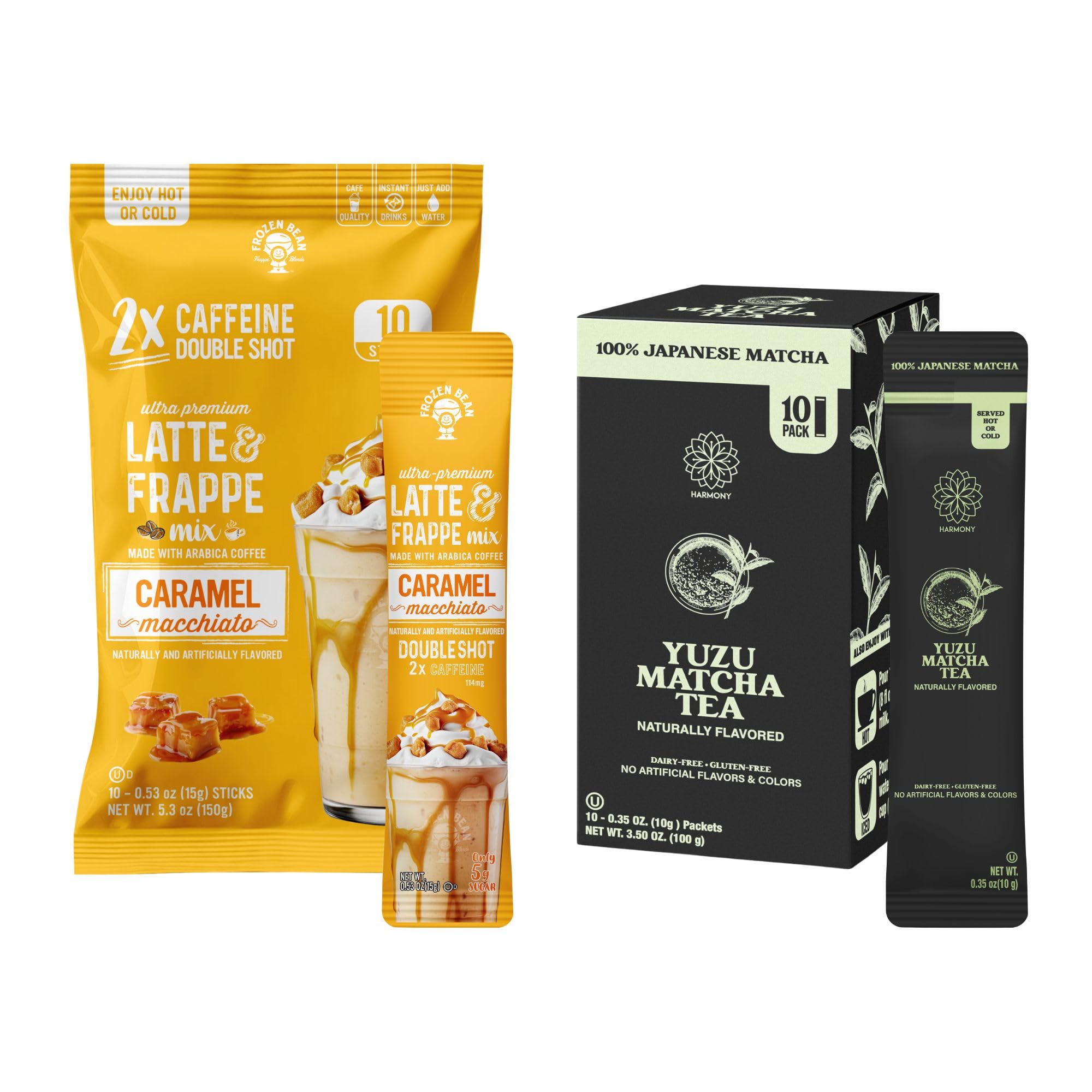 Caramel Macchiato Frappe & Latte Instant Mix (10 Sticks) - The Harmony Matcha Yuzu(10 Sticks) Premium Japanese Matcha Powder by The Frozen Bean – 2 Count (Pack of 10)