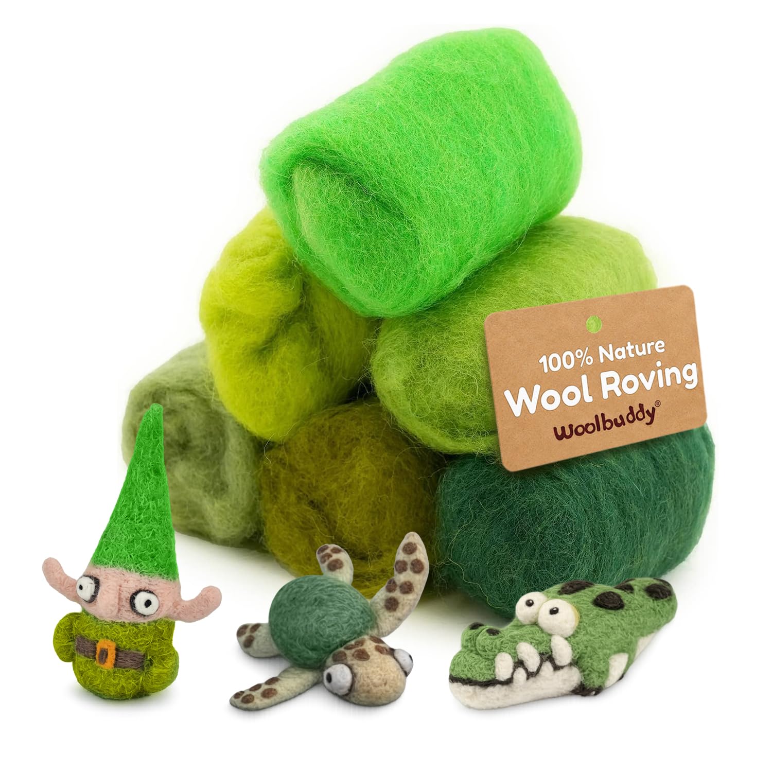 Woolbuddy Needle Felting Wool Roving Bag, Green, 10g, Miniature, Non-Foldable, For Adults, Animal Theme, Premium Quality, Easy to Felt and Shape, Vibrant Colors