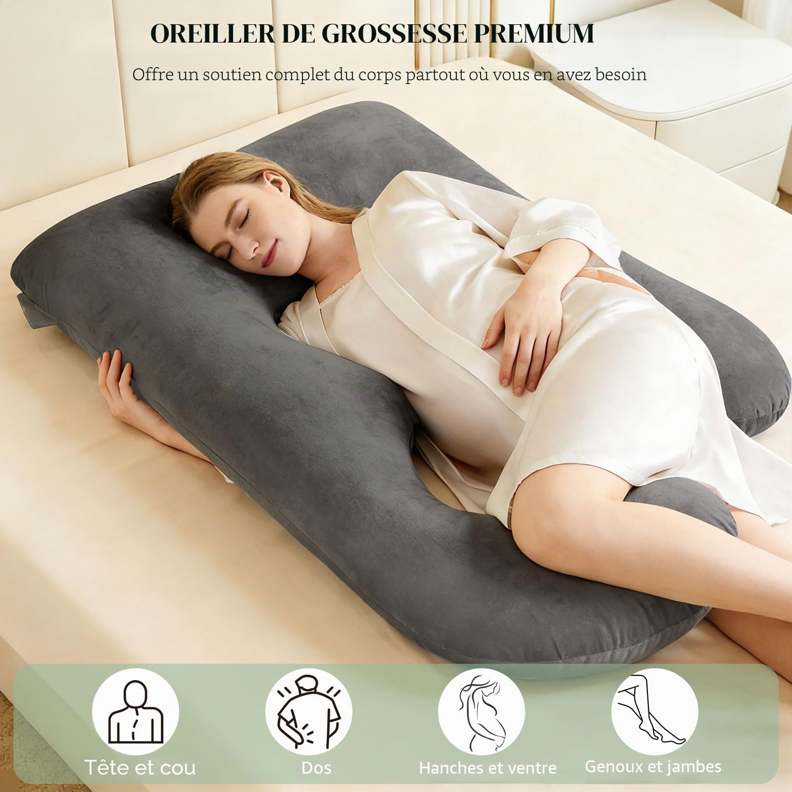 170 CM Coussin de Grossesse pour Dormir, Oreiller de Corps Complet en Forme de U, Soutien pour Le Dos, Les Hanches et Les Jambes des Femmes Enceintes, avec Une Housse en Velours Lavable (Gris)