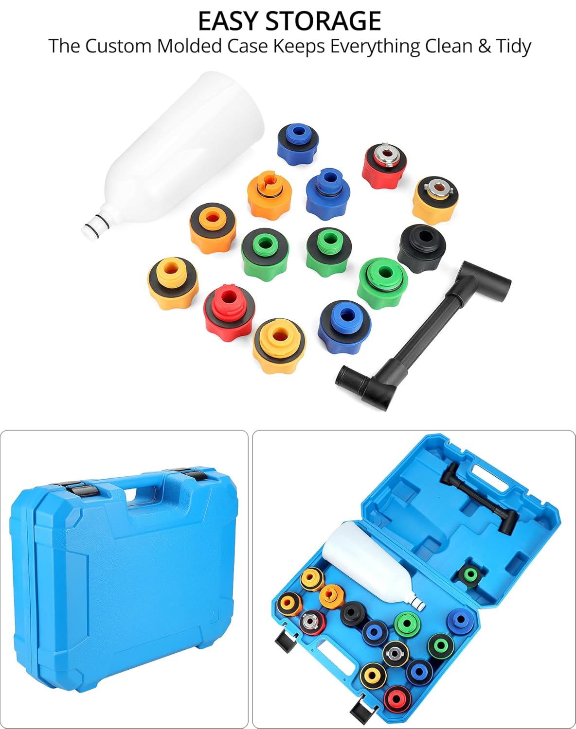QWORK Oil Funnel Set for Engine Oil Change, Automotive Engine Oil Dispenser Funnel Kit with 14 Color-Coded Adapters and 1 Extension Tubes for VW, GM, BMW, Audi, Mazda, Ford