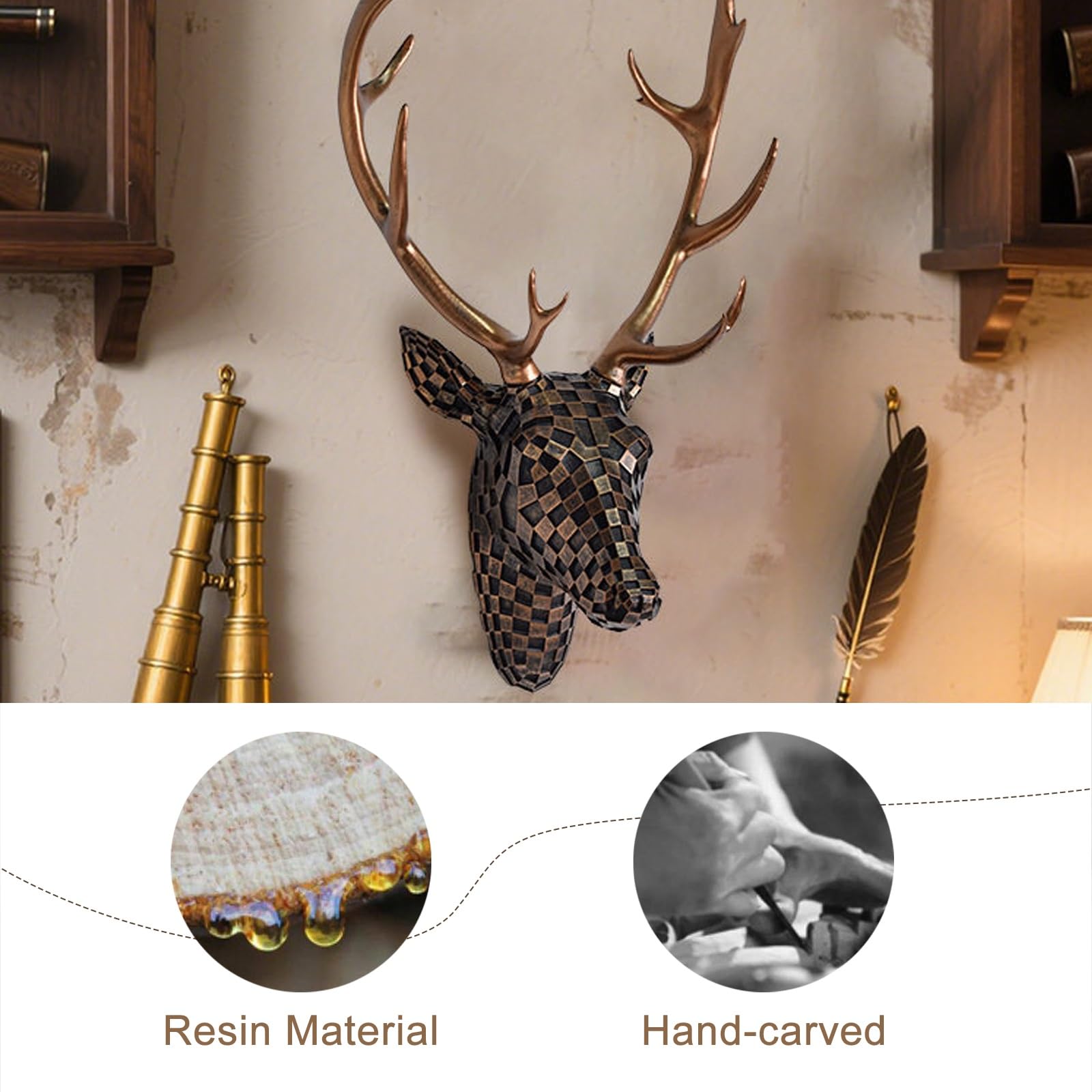 CMYCYDDPLY Decoración de Pared con Cabeza de Ciervo en Mosaico, 3D Cabezas de Animales para Decoración de Pared de Resina, Decoracion Pared Moderno para Sala de Estar(Gold)