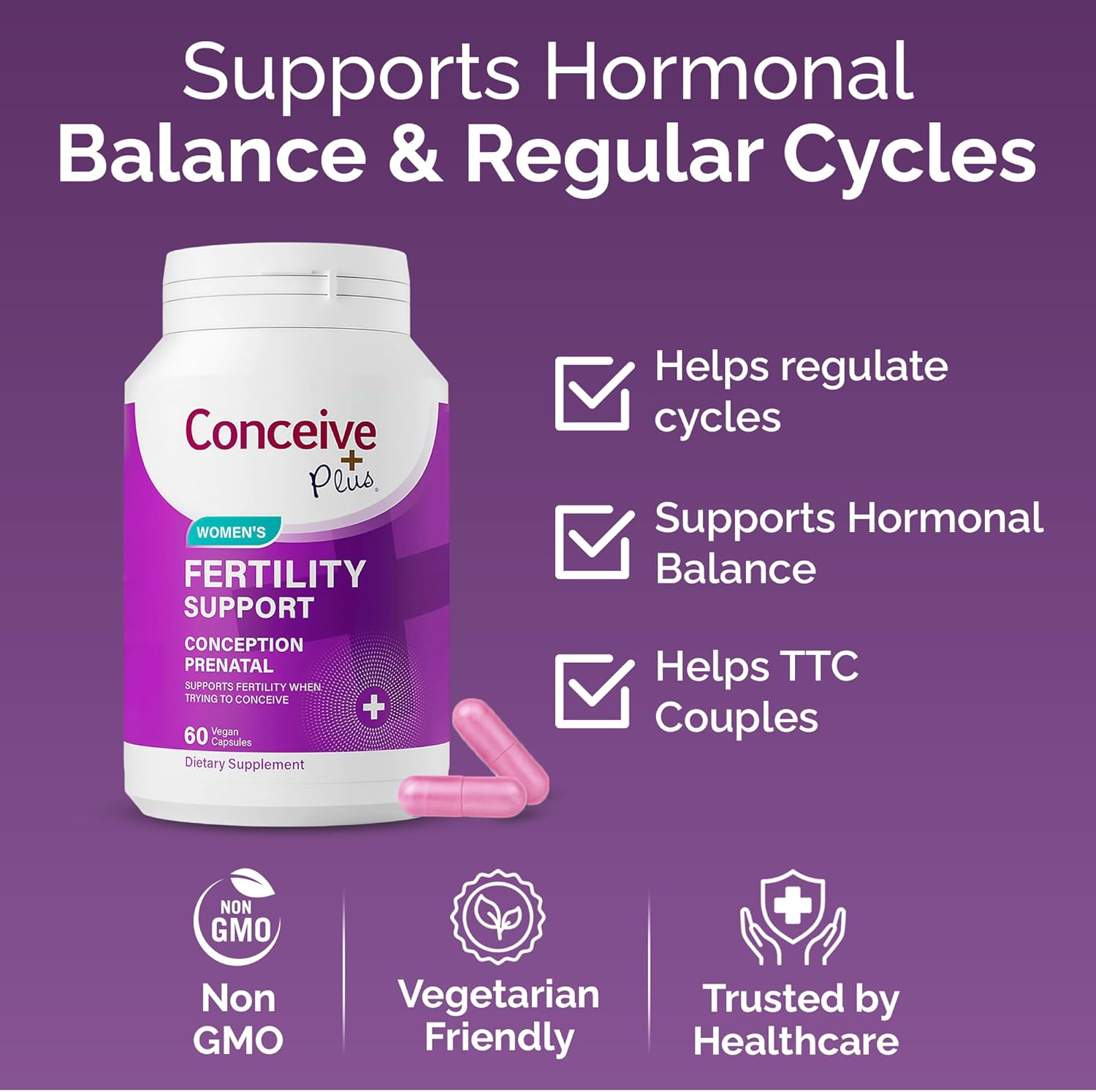 CONCEIVE PLUS Womens Fertility Support – Prenatal Multivitamin for Trying to Get Pregnant – Conception Blend, Hormonal Balance, Folate, Zinc, Thiamin, Riboflavin, Biotin – Non-GMO, Vegan – 30 Days - Image 6