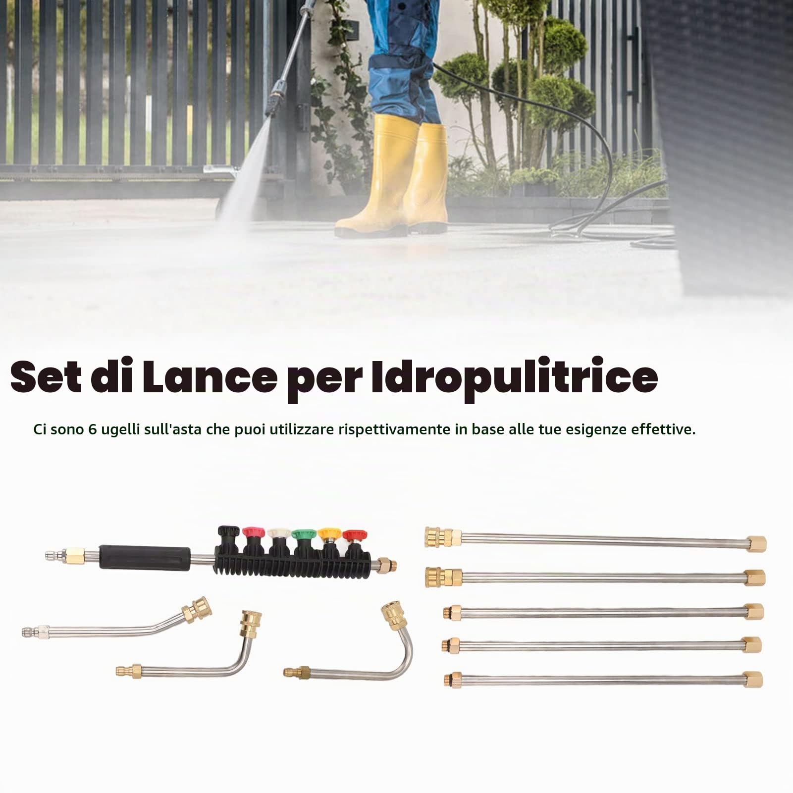 Bacchetta di Prolunga per Lancia Idropulitrice, 5 Aste Diritte + 3 Aste Curve da 30° 90° 120°, Attacco Rapido da 1/4" 4000PSI, con 6 Ugelli, Kit da 9 Strumenti di Pulizia per Grondaie