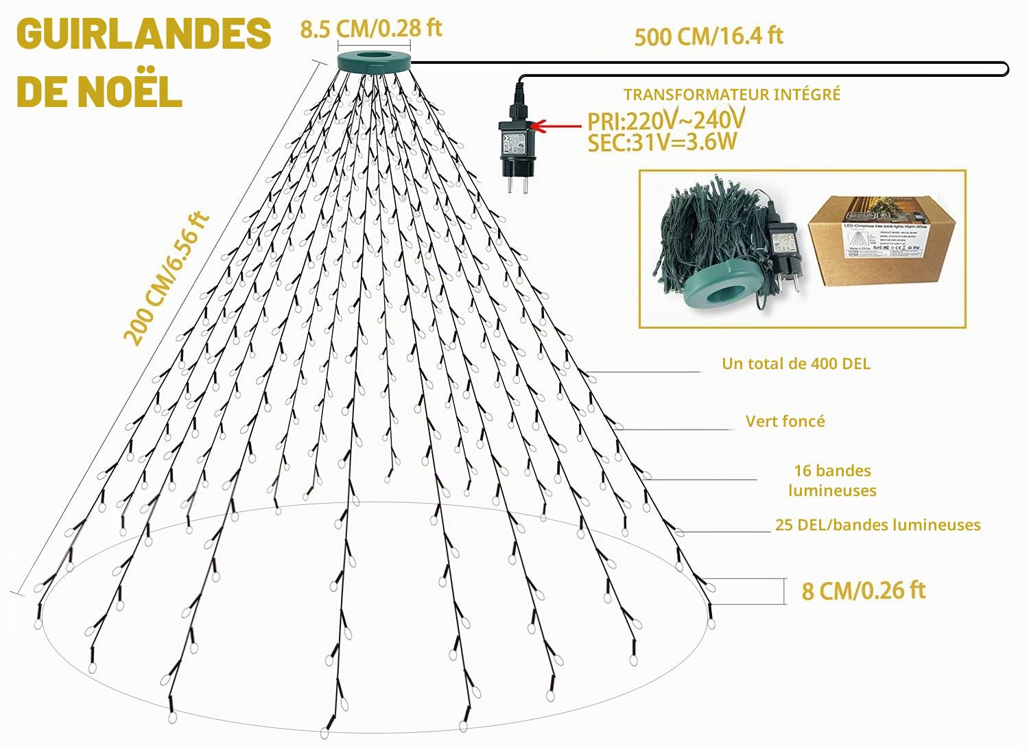 aneeway Guirlandes Lumineuses 400 LED Blanc Chaud Waterproof Lumières de Noël Intérieur et Extérieure String Allume avec Minuterie Décoration Festivals Mariages, 8 Modes D’éclairage
