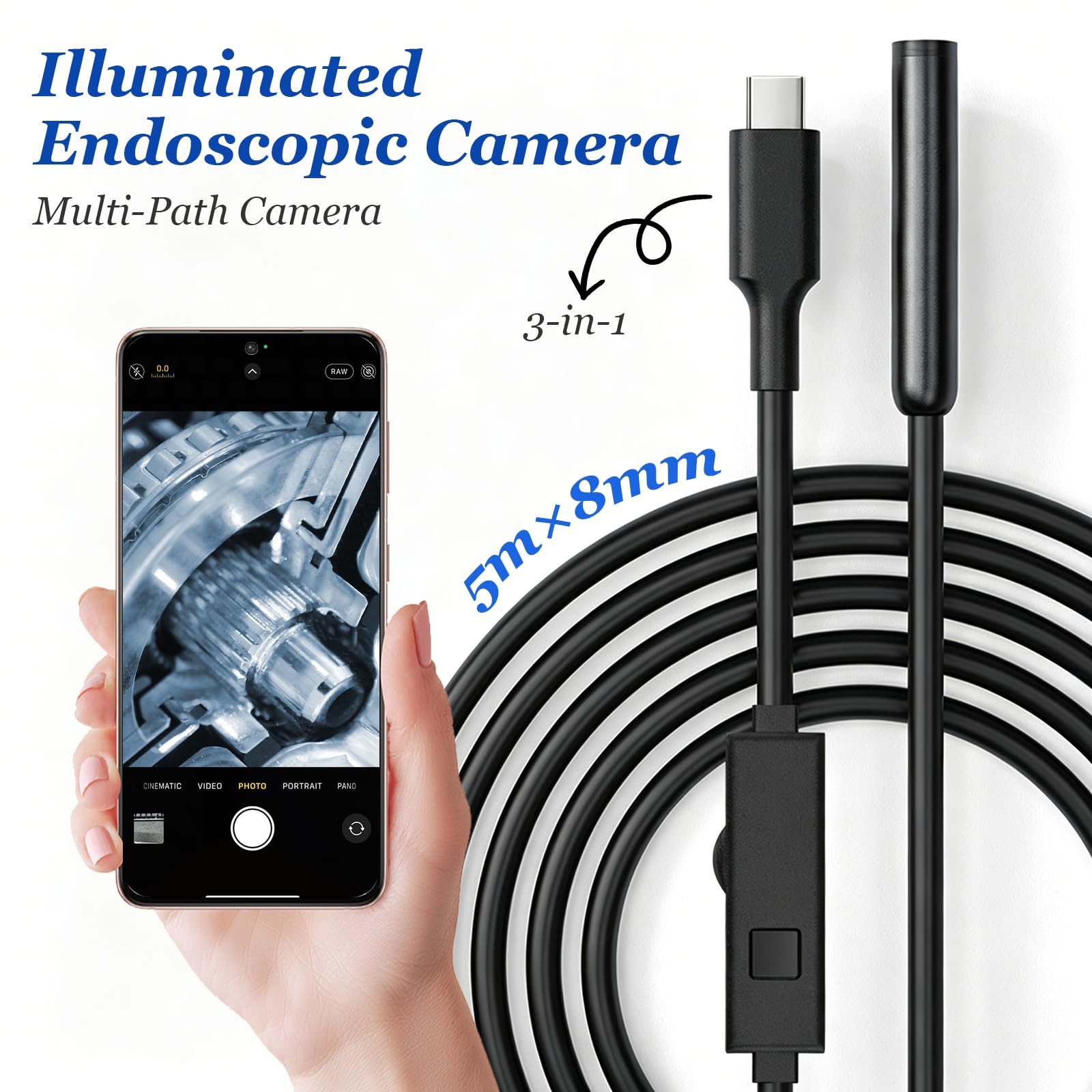 Endoscopio per Smartphone con Luce，Doppia Lente 1920P HD Telecamera Endoscopica，IP67 Impermeabile Telecamera Ispezione Tubi con Cavo Semirigido da 5 M per Android e iOS