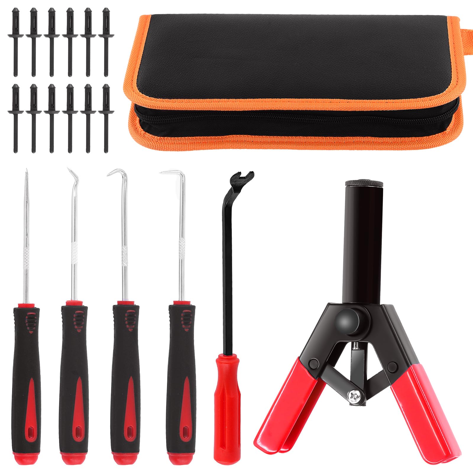 Rustark 47Pcs Upgraded Poly Rivet Gun Automotive Kit with 40Pcs Nylon Blind Rivets, 4Pcs Precision Hook Tools, 1Pcs Fastener Removal Tool and Storage
