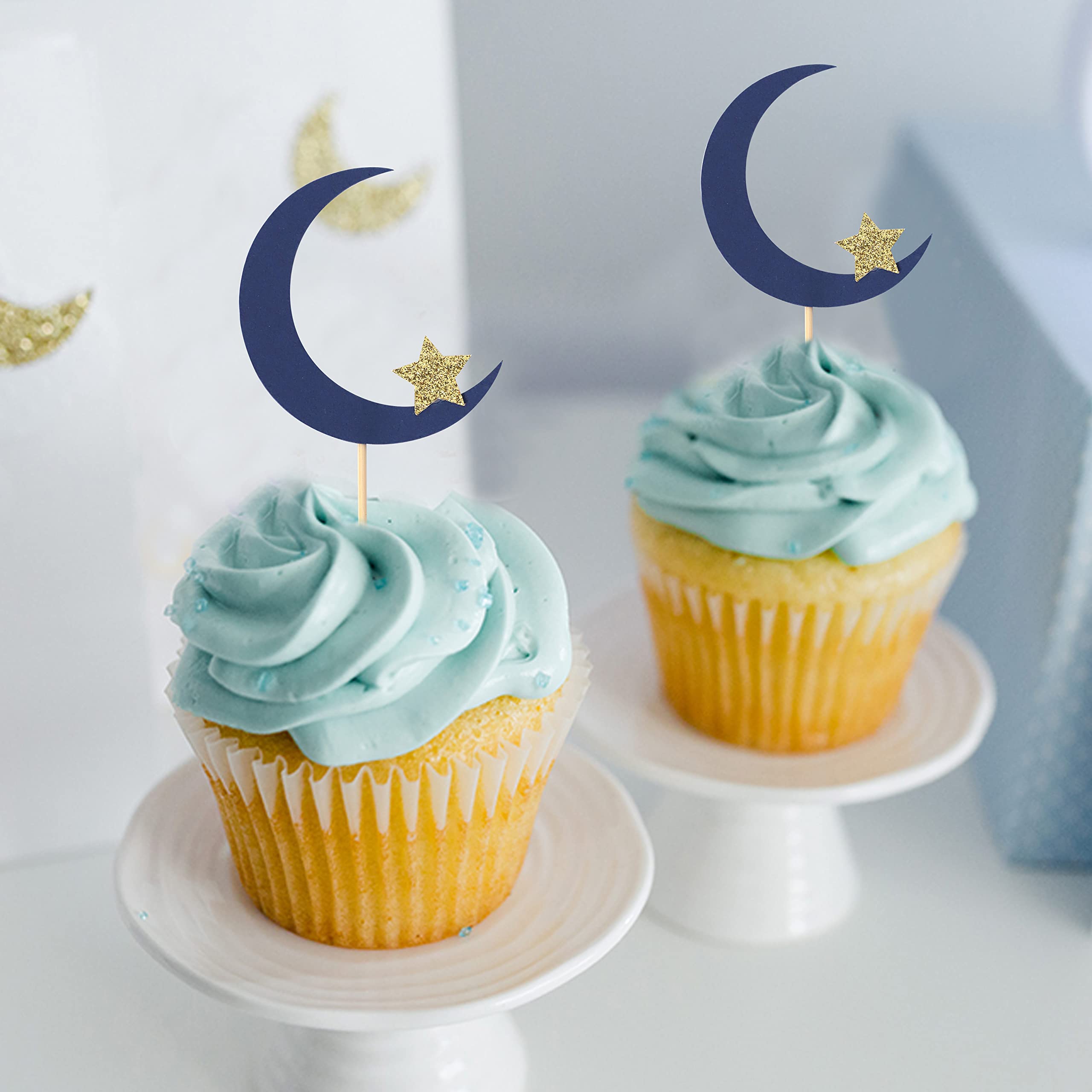 12pcs Moon and Star Cupcake Toppers - Over the Moon, Twinkle Twinkle Little Star, Outer Space Theme Party Decorations