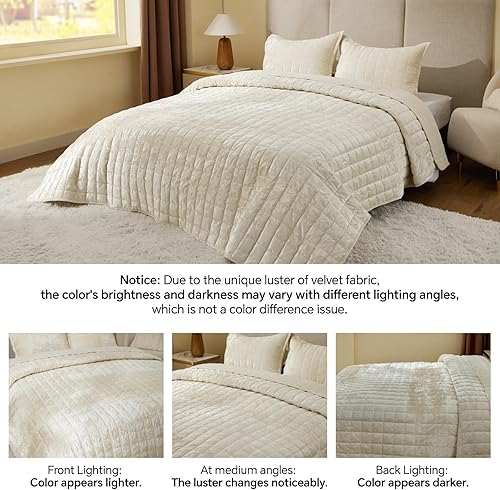 Miniatura 4 de BEDELITE Juego de edredón de terciopelo tamaño King  Juego de ropa de cama de terciopelo de lujo de 3 piezas, suave y acogedor color blanco crema,