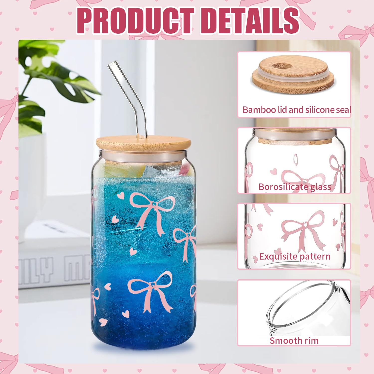 Cumnvulnt Coquette Aesthetic Glass Cups with Lids and Straws, Pink Bow Iced Coffee Cup - Image 3