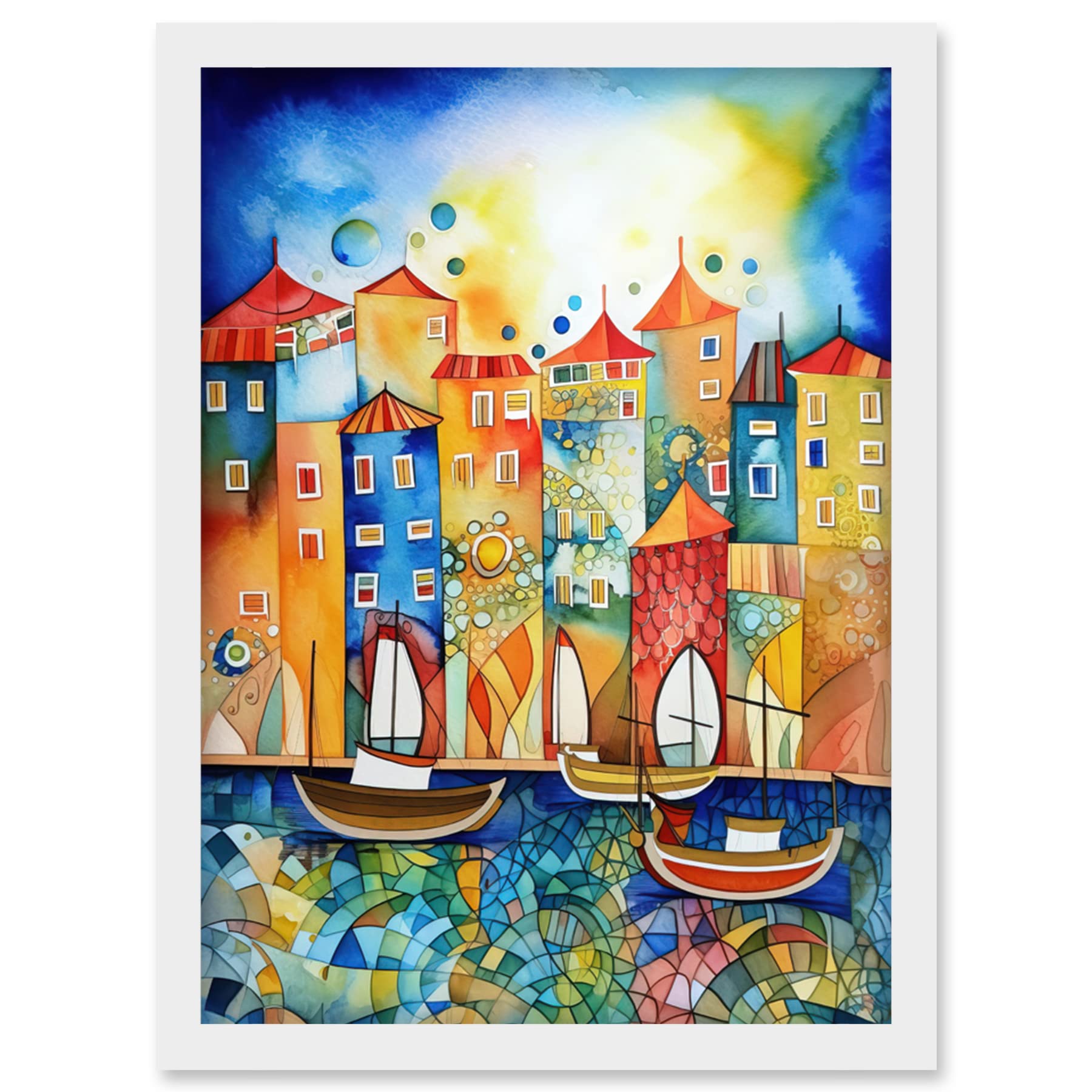 Abstract Sailing Seafront Modern Folk Art Framed Wall Art Picture Print A4