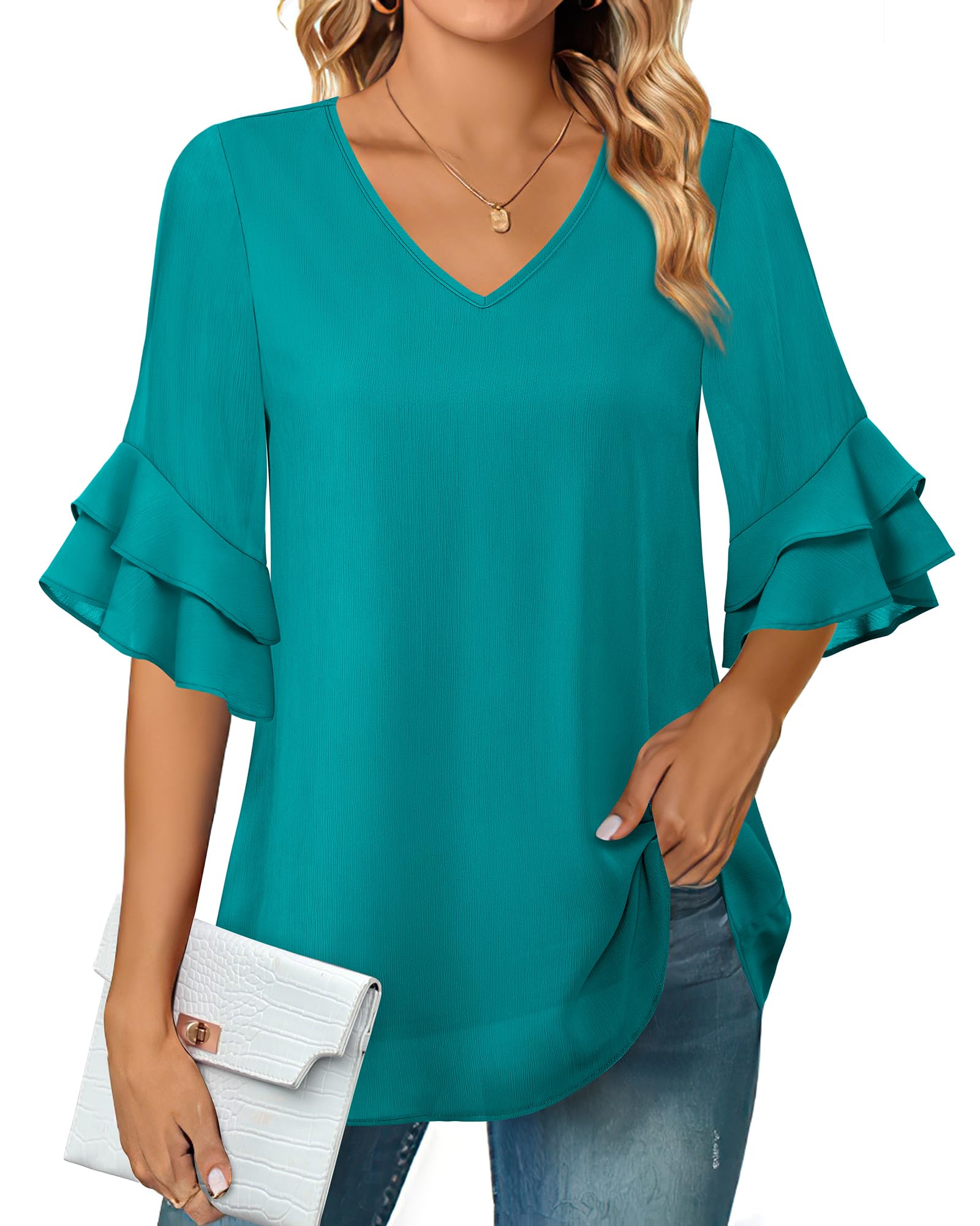 VALOLIA Womens Blouses 3/4 Sleeve Dressy Tops Business Casual Double Layers Shirts