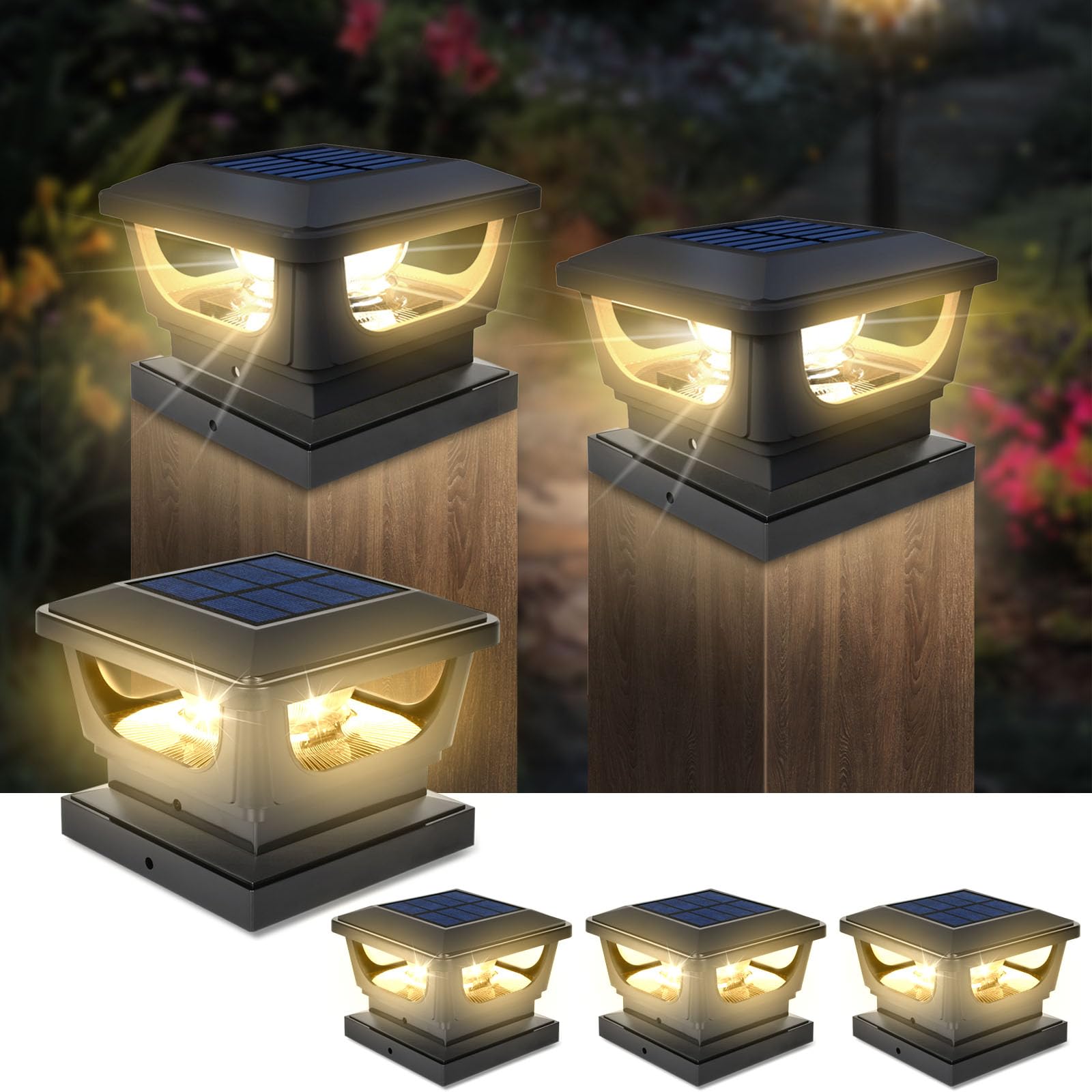 Lot de 4 lampadaires solaires pour clôture, jardin, extérieur, extérieur, terrasse, terrasse, patio - Blanc chaud IP65 - 7,6 x 7,6 cm