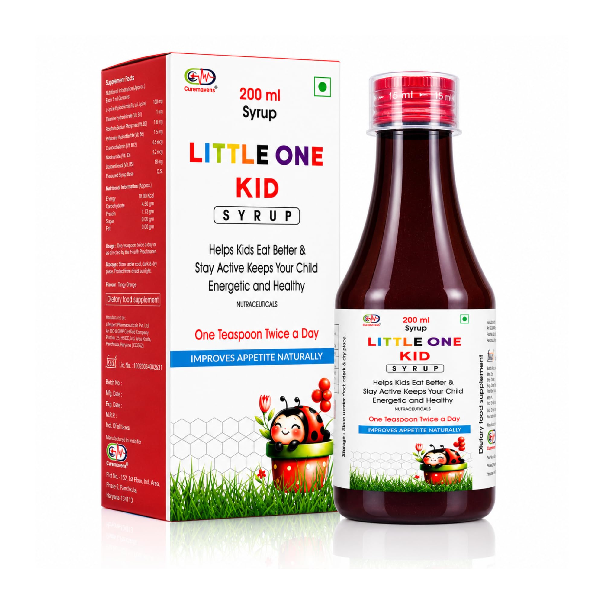 Little One Kid Syrup, Nutritional Supplement for Children, 200 ml, Improves Appetite Naturally with L-Lysine and B-Complex Vitamins, Orange Flavour-image-44