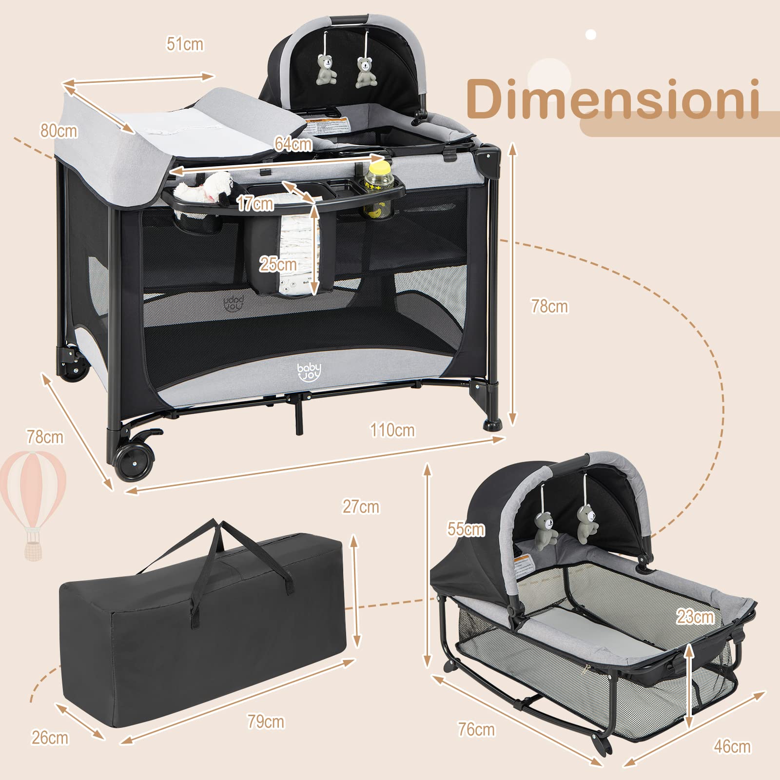 COSTWAY Lettino da Campeggio con Materasso, Lettino Pieghevole per Bambini con Fasciatoio, Culla da Viaggio con Ruote, Giocattolo, Lettino Bambini Staccabile, per Bambini 0-36 Mesi (Nero)