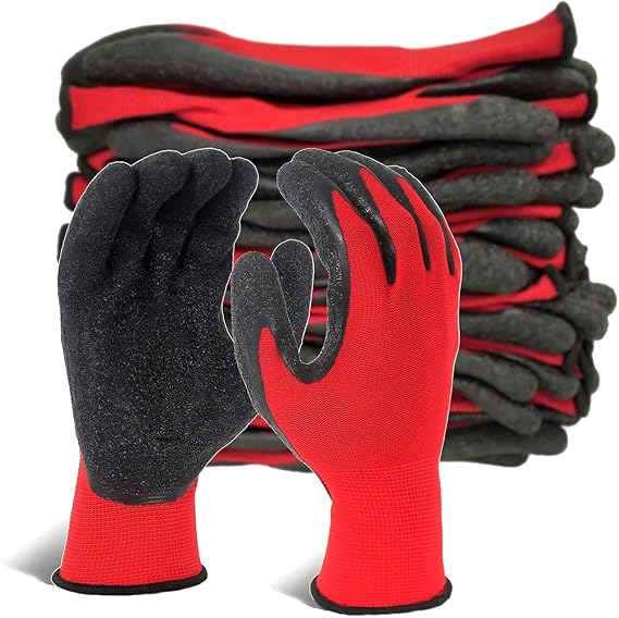 SAFEYURA Nylon Latex Coated Firm Grip Industrial Safety Work Cut Resistant Gloves, Red- 5 Pairs. Pack of 10)