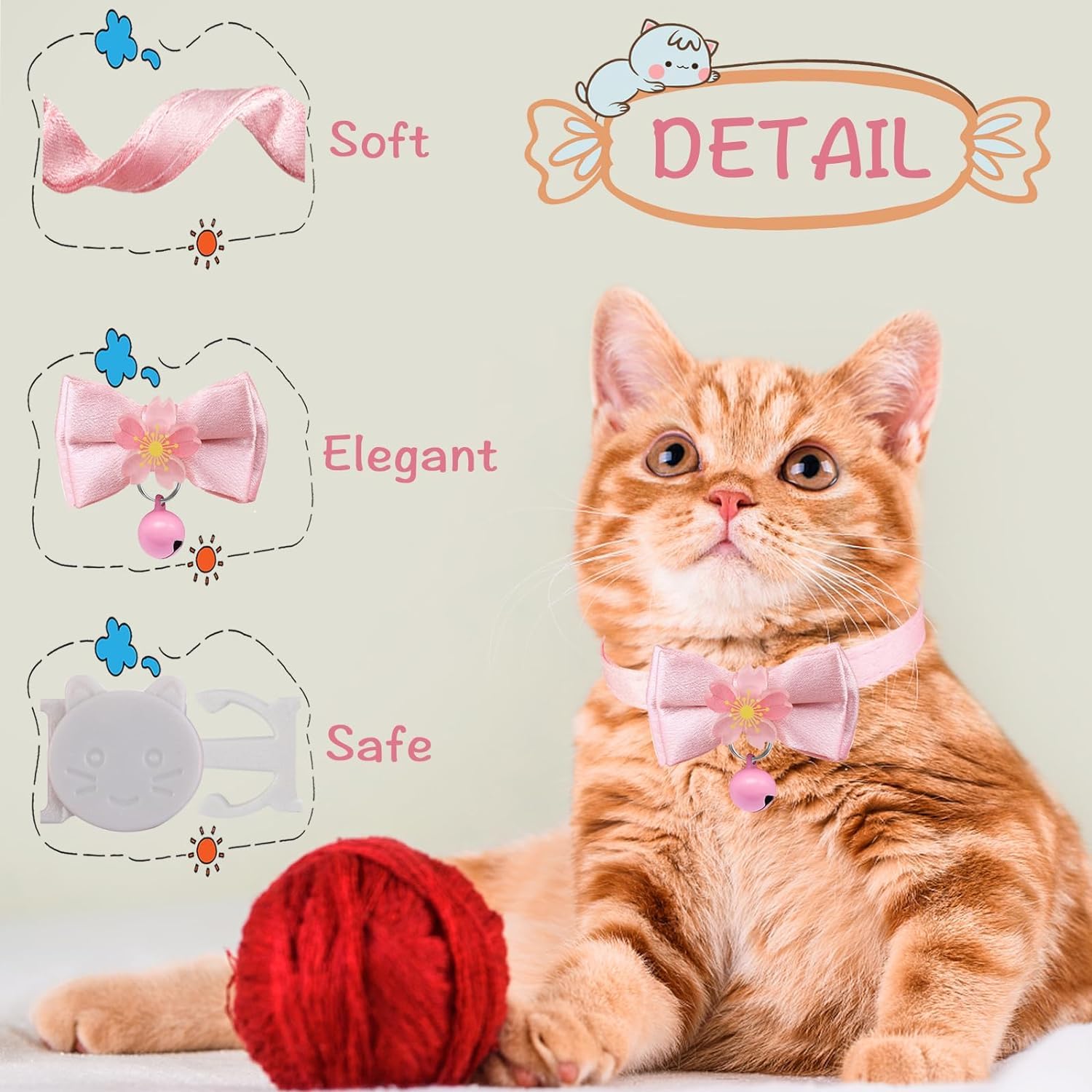 Cute Kitten Collars for Girl Cat Collar Breakaway Pink Bow Cat Collar Girl Cat Accessories Bowtie Kitty Collar with Flower (Color B) - Image 2